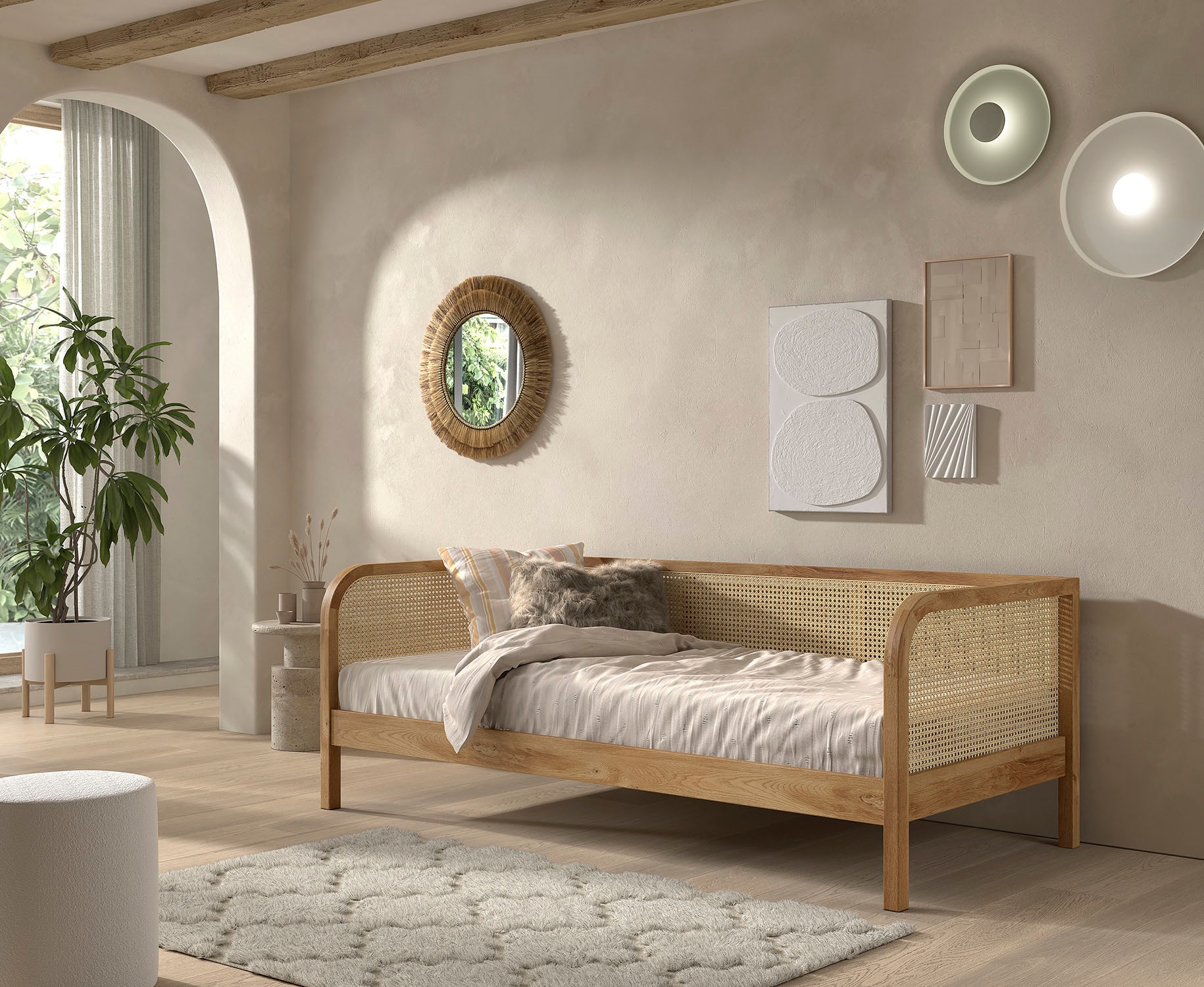 Home affaire Bett »Olive, mit Eiche massiven Bettpfosten, Bettseiten furniert«, (B/H/T ca. 210x75x96,6cm, Auf. Natur, zeitloses Design), 90/200 inkl. Lattenrost und trendigen Rattan Kopf- u. Seitenteilen