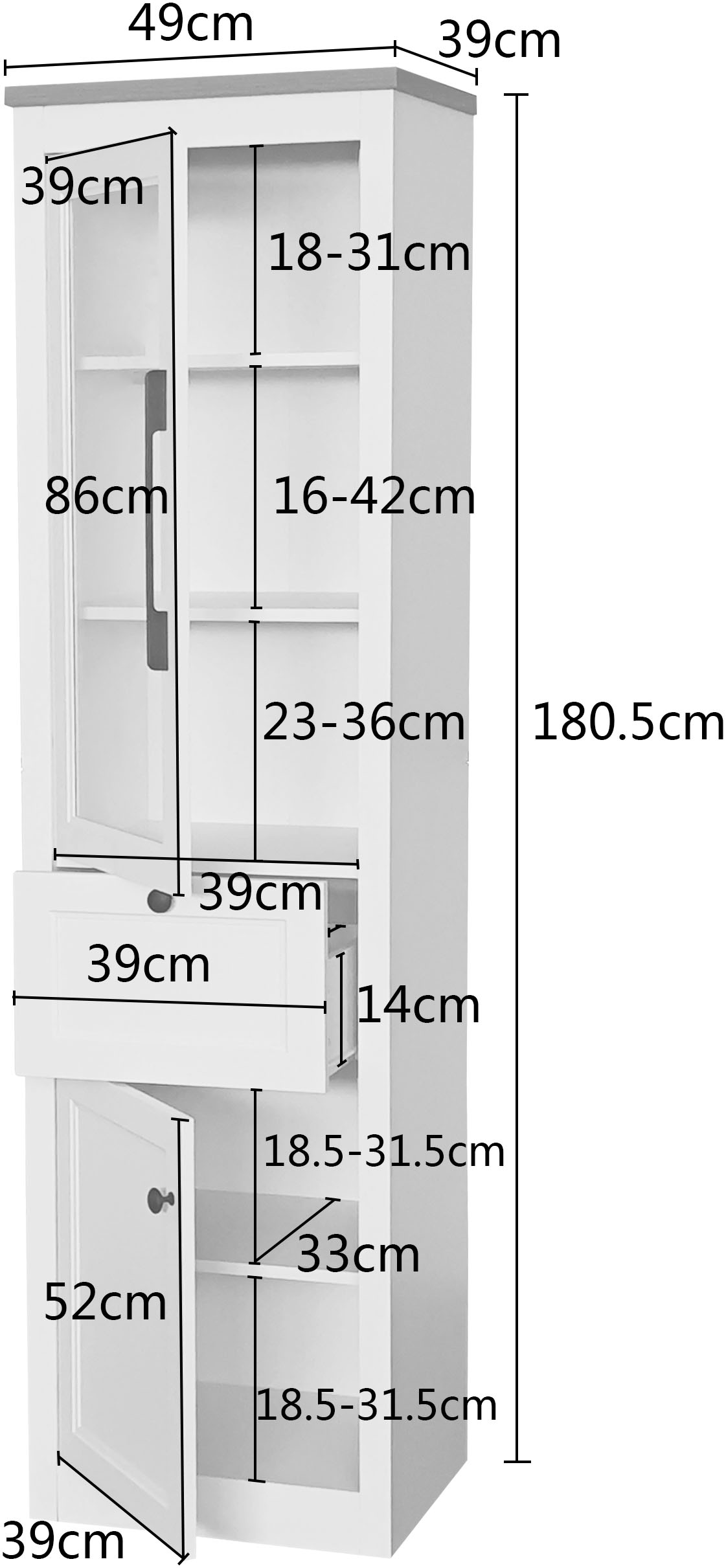 OTTO home Vitrine »Ismund« aus MDF, mit Holz-Zierleiste, schwarzen Metallgriffen, Höhe 180,5 cm