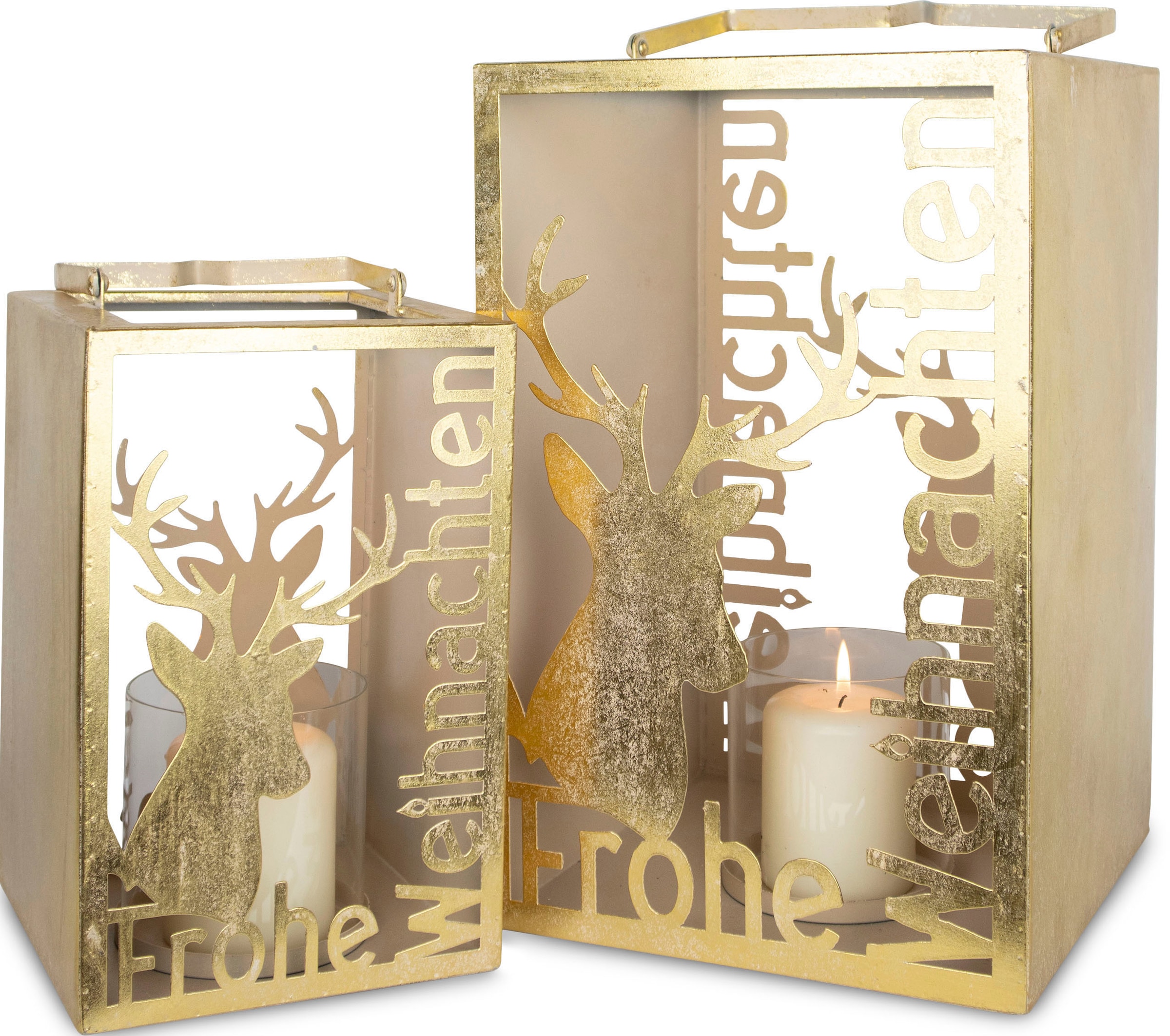 Kerzenlaterne »Delilah mit Hirschmotiv und Schriftzug "Frohe Weihnachten"«, (Set, 2...