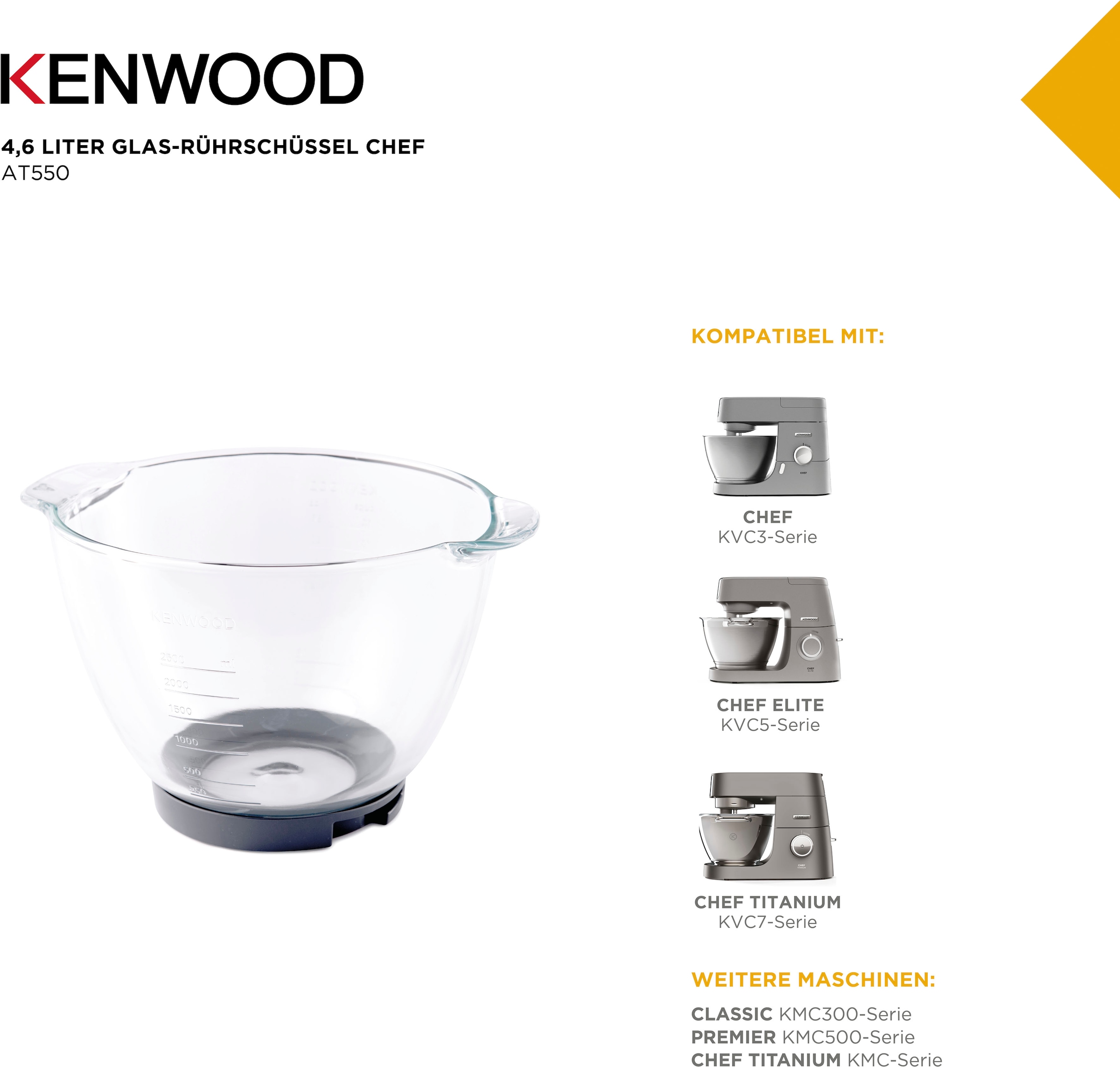 KENWOOD Küchenmaschinenschüssel »Chef Glas-Rührschüssel AT550«, aus Glas, Kompatibel mit: KVC3-Serie, Elite KVC5-Serie, Titanium KVC7-Serie