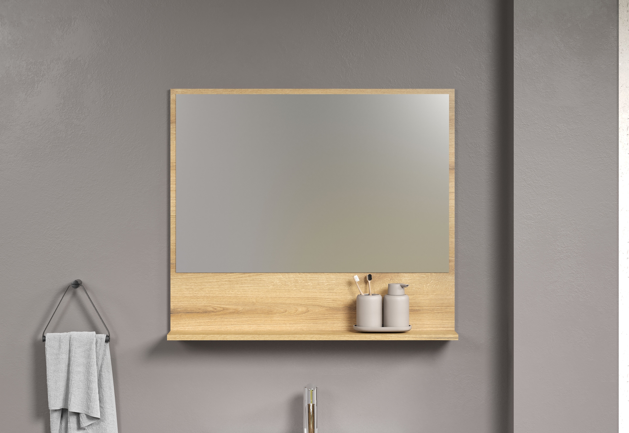 welltime Badspiegel »Amrum«, (1 St.), Eleganter Badezimmerspiegel mit Ablage - Maße (B/T/H) 60-80/14/74 cm