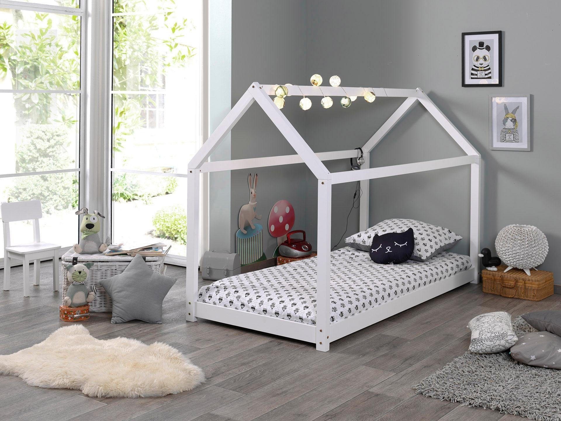Vipack Kinderbett "Cabane, Kiefer massiv, Made in Europe, inklusive Rolllattenrost" wahlweise in 2 Farben und 2 Größen erhältlich, Bodenfreiheit ca. 2,5 cm zur besseren Belüftung, stabil gebaut