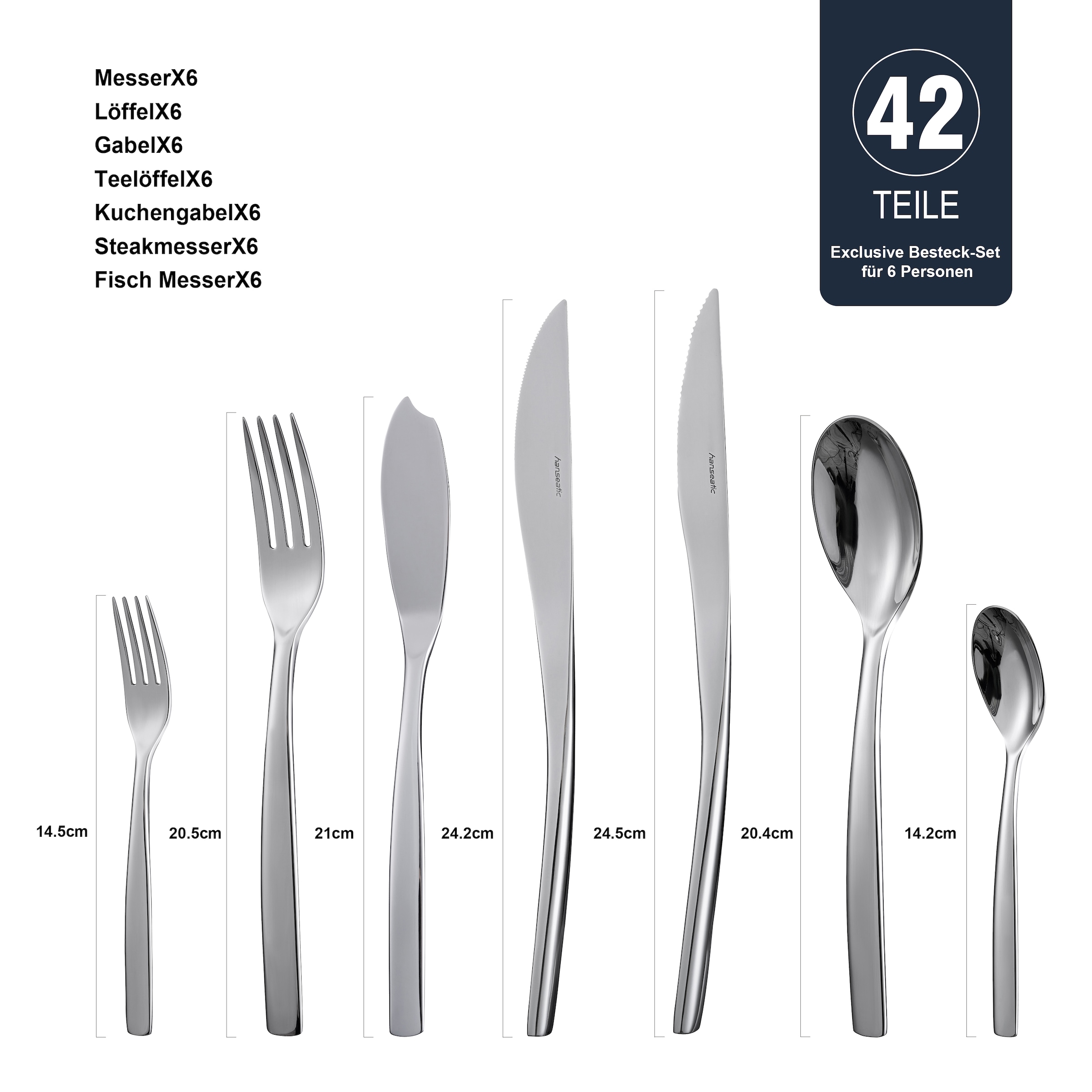 Hanseatic Besteck-Set »EXCLUSIVE«, (Set, 42 tlg.), stehendes Design von Ess- und Steakmessern