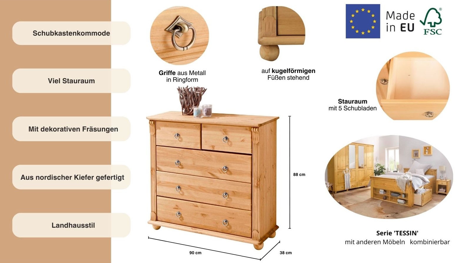 Home affaire Schubkastenkommode »Tessin« aus massiver, FSC zertifizierter Kiefer, mit 5 Schubladen