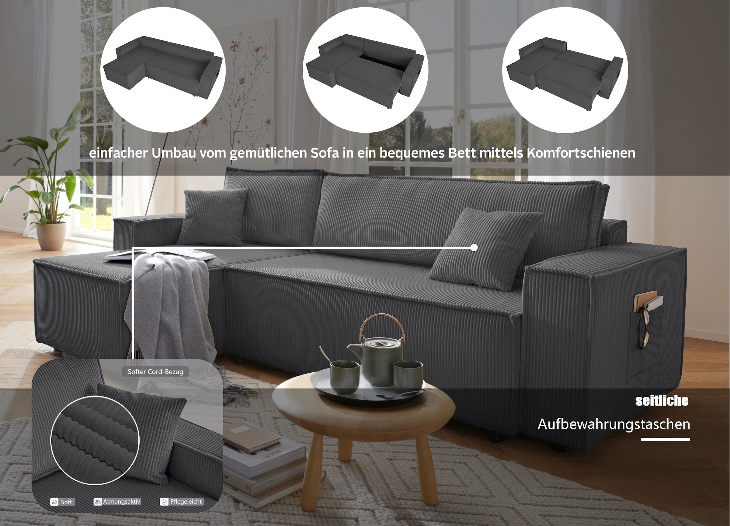 OTTO home Ecksofa »CASSI, 241cm, L-Form, Schlafsofa, Dauerschläfer, Boxspringfederung« Schlaffunktion (133/200) ,Bettkasten, Recamiere links/rechts, Cord