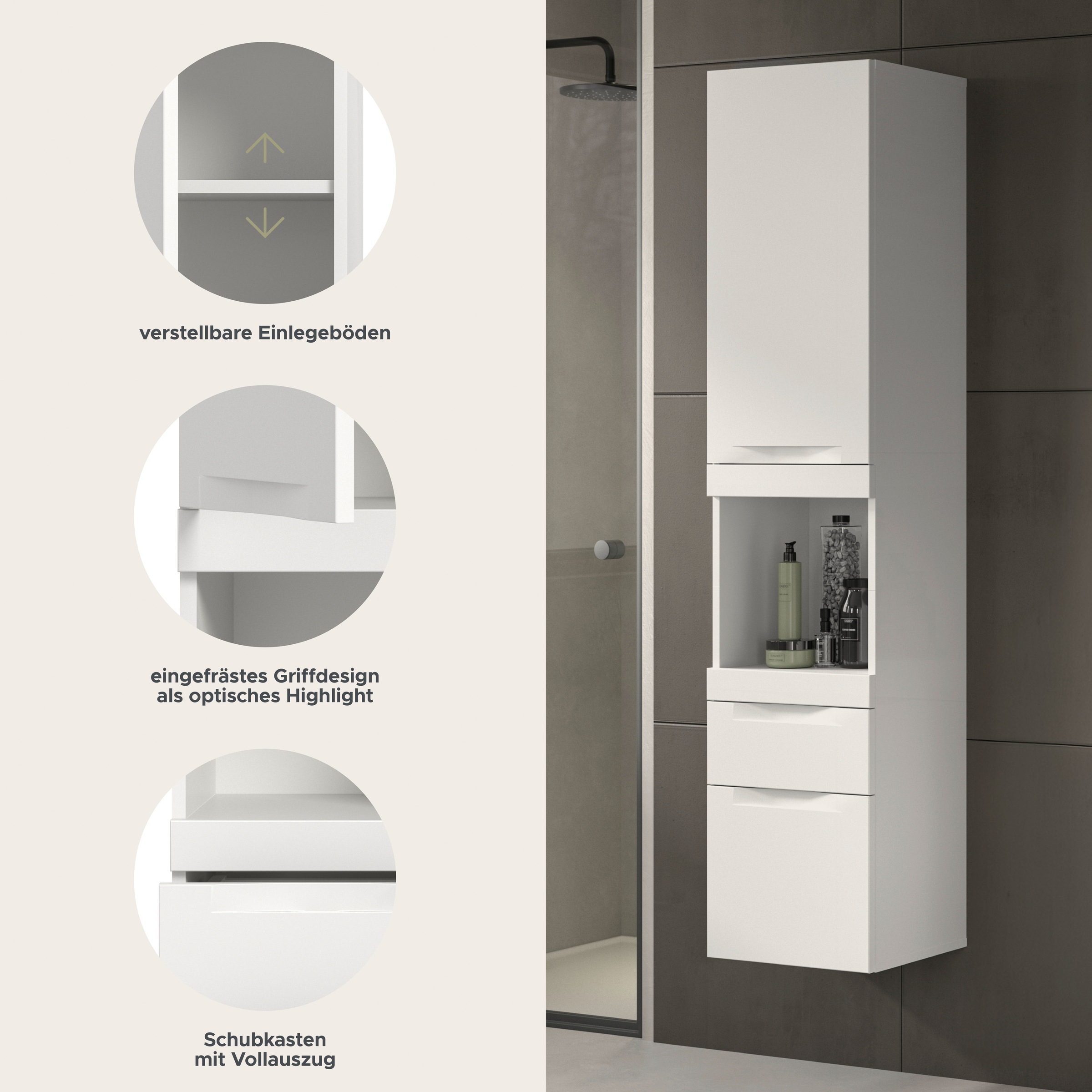 OTTO home Hängeschrank »MAOI, Höhe 166cm, 1 Tür, 2 Schubkästen, 1 offenes Fach« Badezimmerschrank, Schrank, Kommode, Midischrank, Bad, Badezimmer