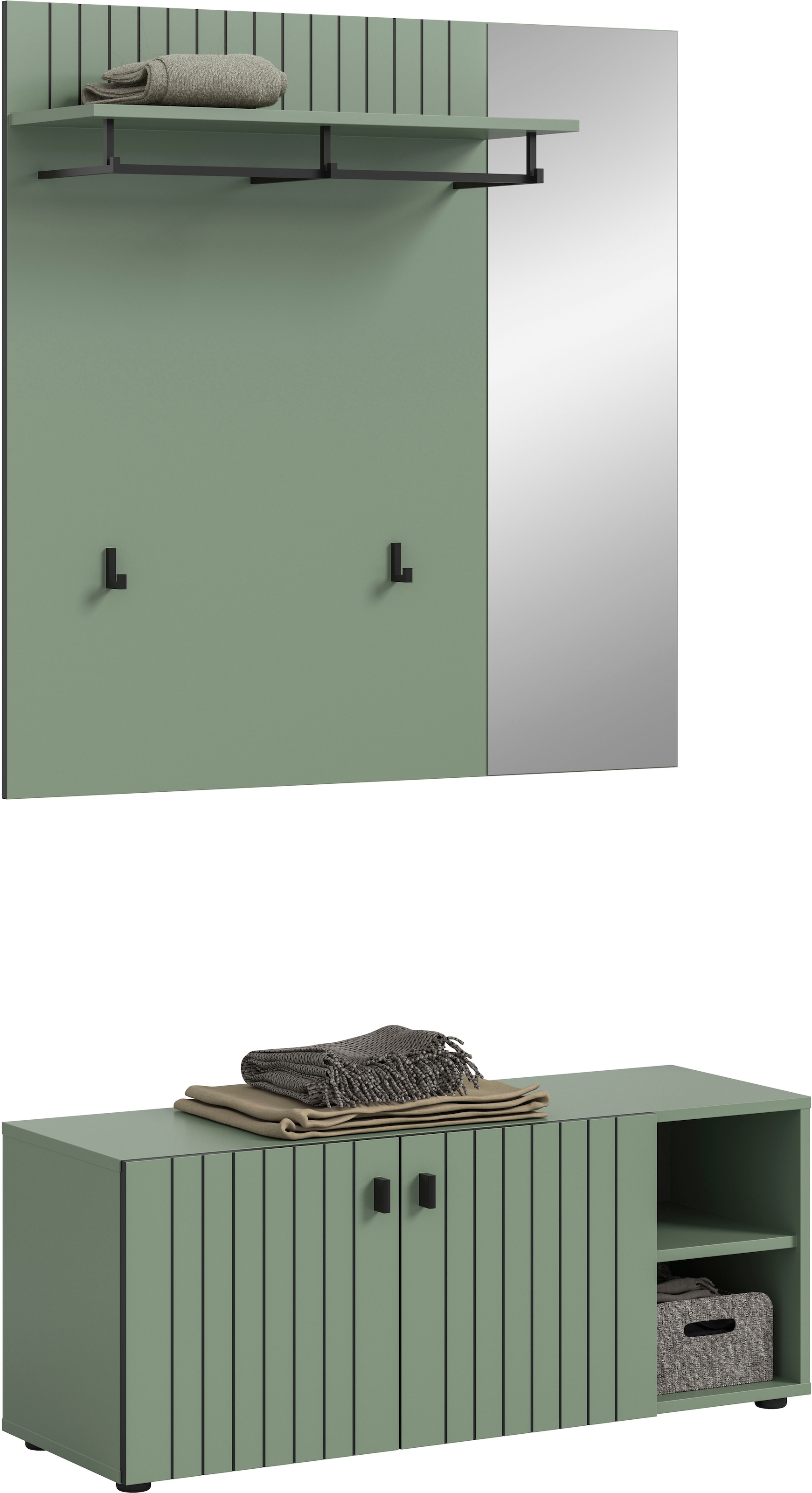 Home affaire Garderoben-Set »TATIO, 2-tlg. Garderobenkombination, Breite: 106 cm, Rillenfräsung« Set, Set, best. aus: 1Garderobenpaneel, 1 Garderobensitzbank, 2 Stk. tlg.