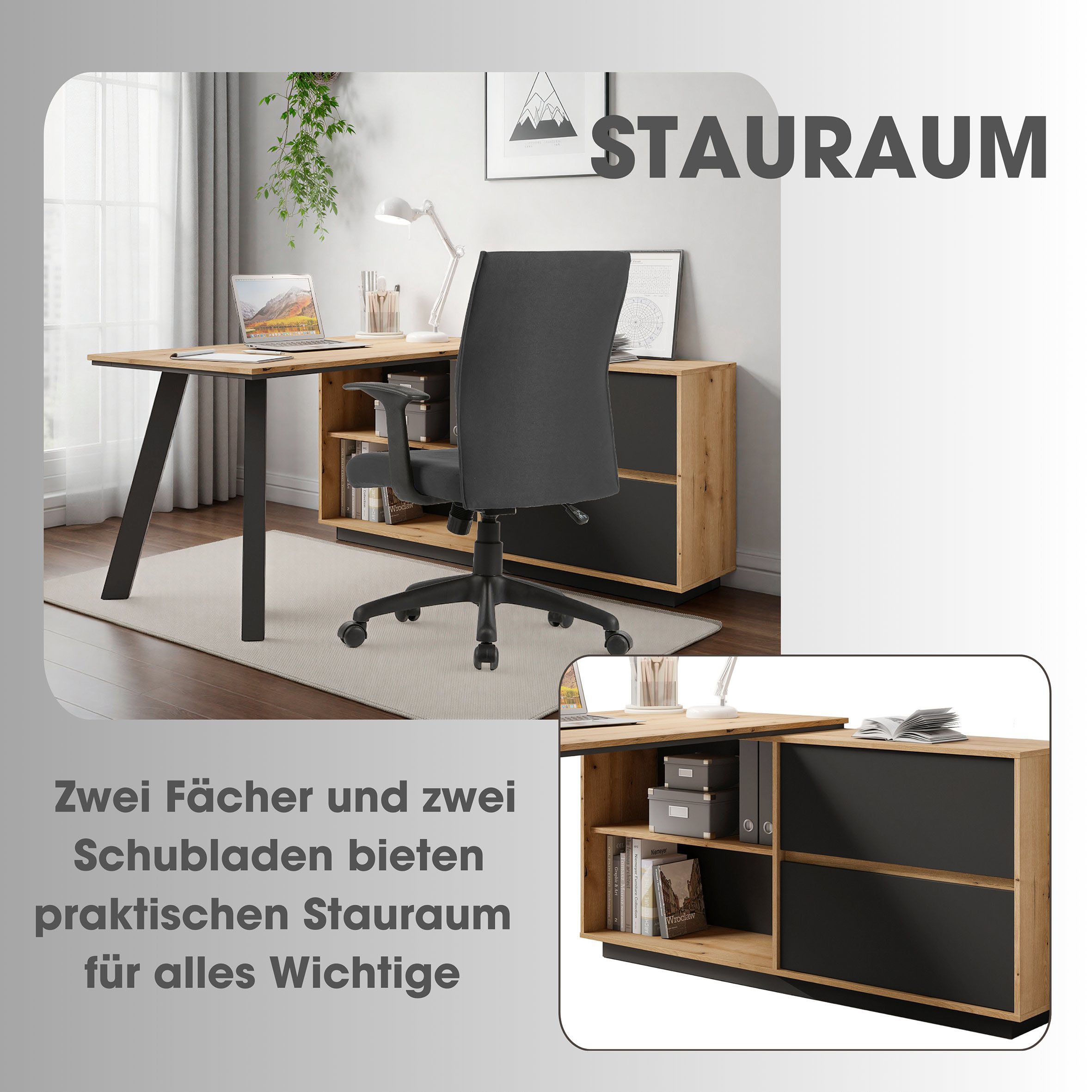 byLIVING Schreibtisch »TALOS« Tischplatte Evoke Eiche, aufgedoppelt, zweifarbige Kante, Schubkästen