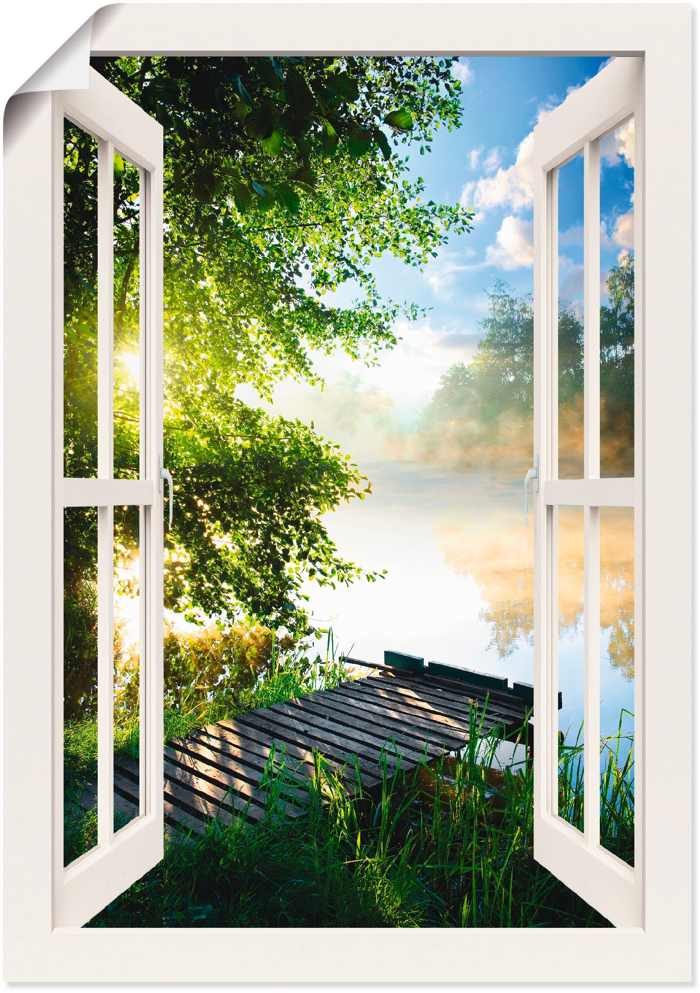 Artland Wandbild »Fensterblick Angelsteg am Fluss«, Fensterblick, (1 St.),  als Alubild, Leinwandbild, Wandaufkleber oder Poster in versch. Größen  online bei OTTO