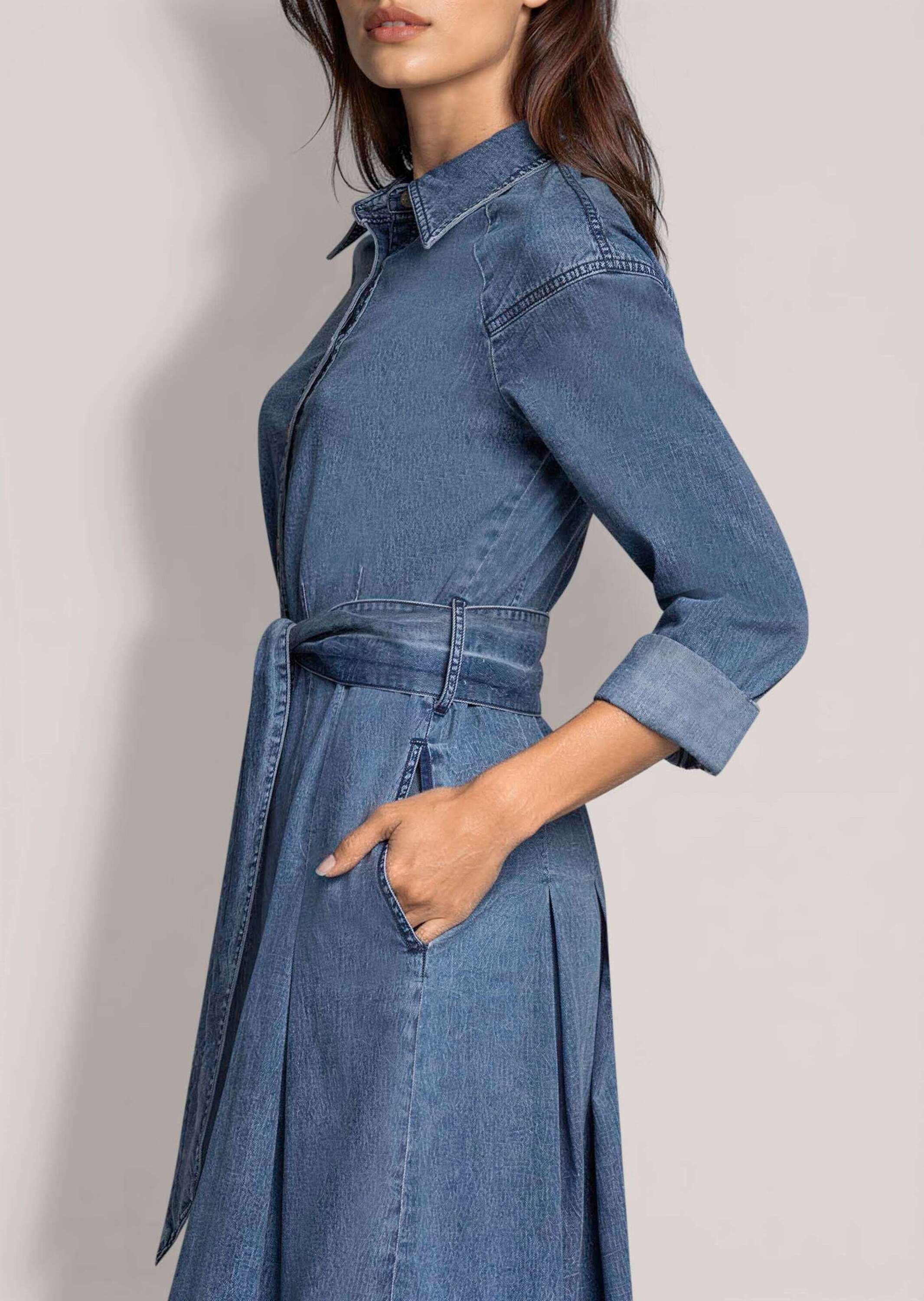 MADELEINE Midikleid »Kleid Jeanskleid mit Kellerfalten« Nahttasche