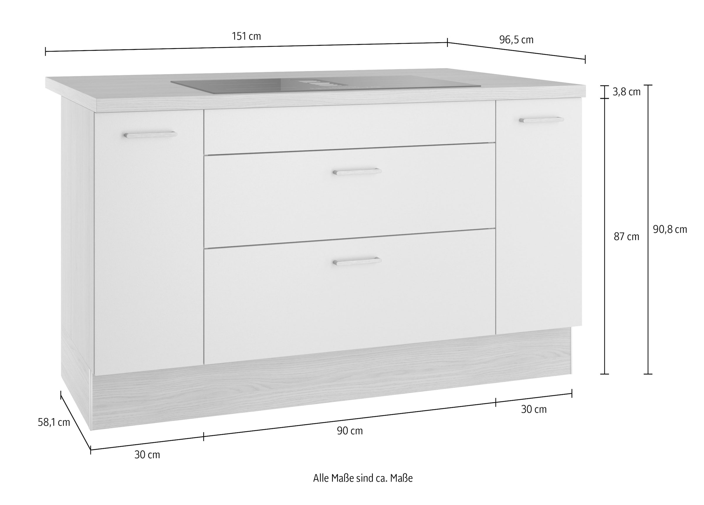 KOCHSTATION Kücheninsel »KS-Lucy« Breite 151 cm, Vollauszüge, wahlweise mit Kochfeld mit Muldenlüfter