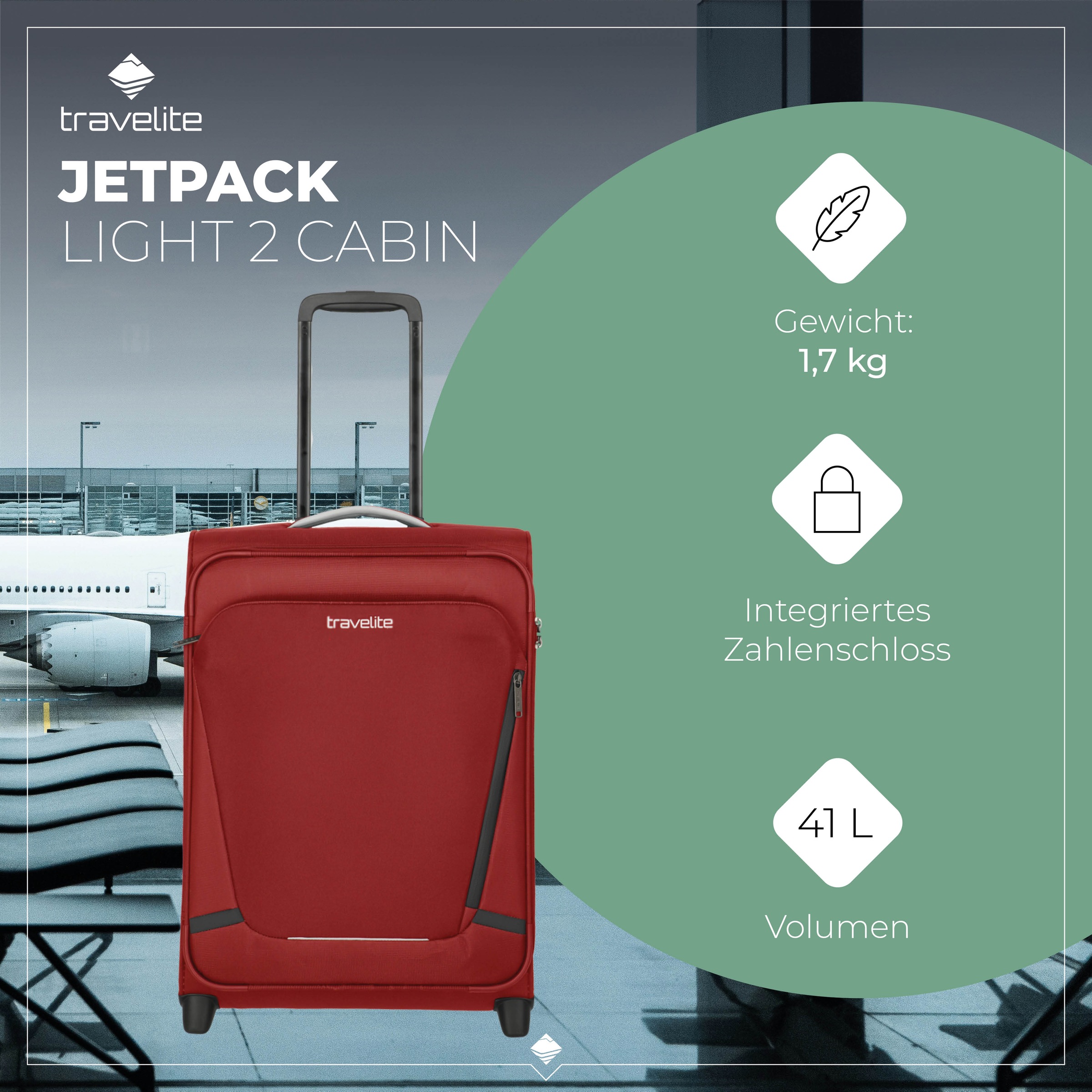 travelite Handgepäck-Trolley »JETPACK Multi Light 2 Cabin Handgepäck Koffer« 41 l 2 Rollen Weichgepäck, passend für Ryanair, Condor und viele gängige Airlines
