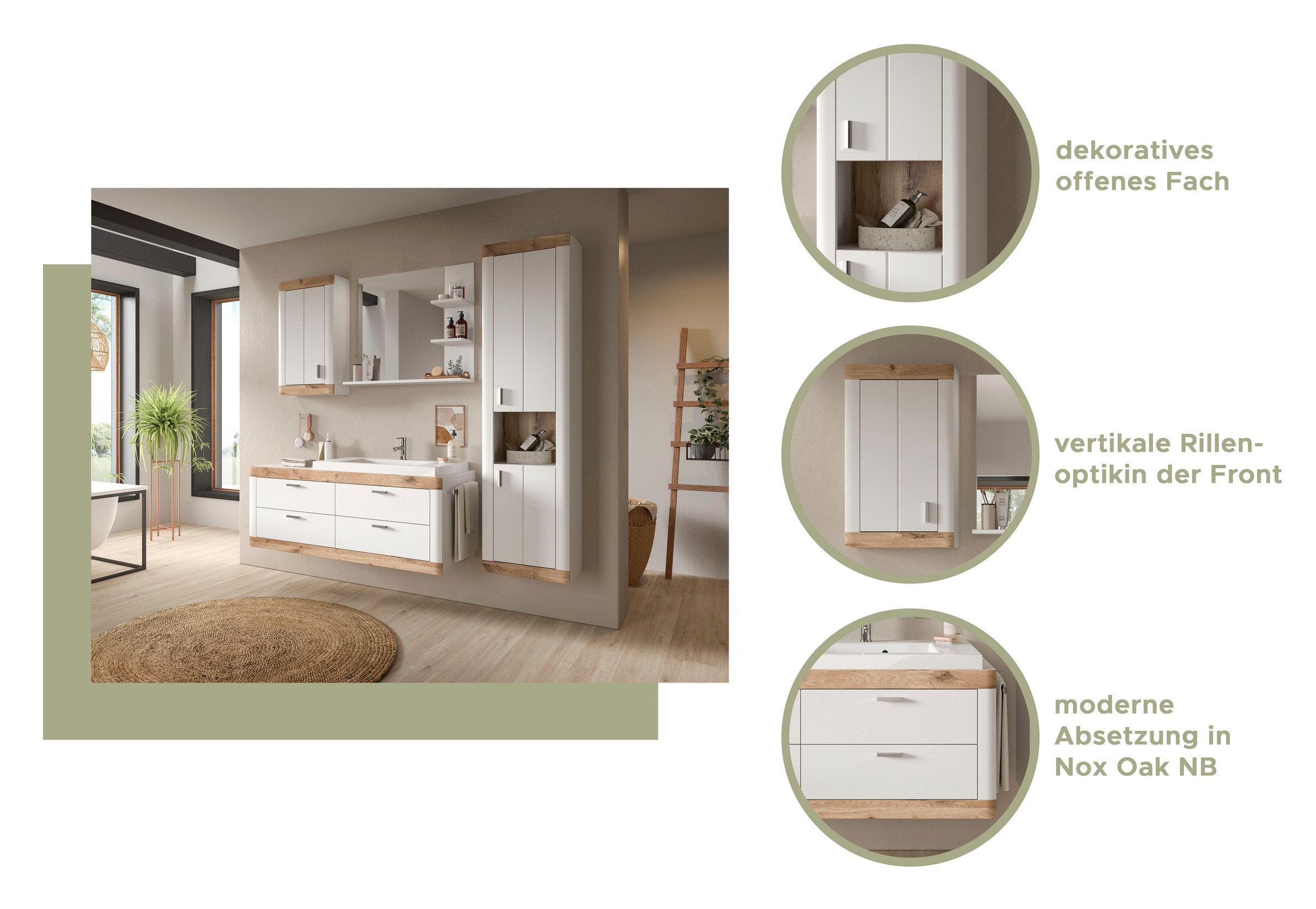 Home affaire Badmöbel-Set »Landsby, 4 teilig, inklusive Mineralguss-Waschbecken, bestehend aus:«, (Set, 4 St.), Waschtisch inkl. Waschbecken, Hängeschrank, Badspiegel, Hochschrank