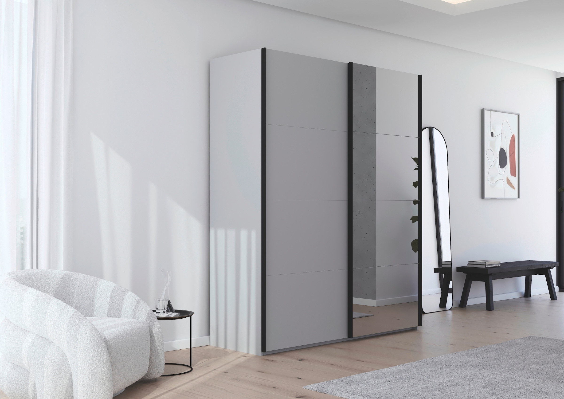 rauch Schwebetürenschrank »Kleiderschrank Schrank Garderobe Schlafzimmerschrank SCALE-FYRA« edle viergeteilte Türen mit Spiegel und vielen Farben MADE IN GERMANY