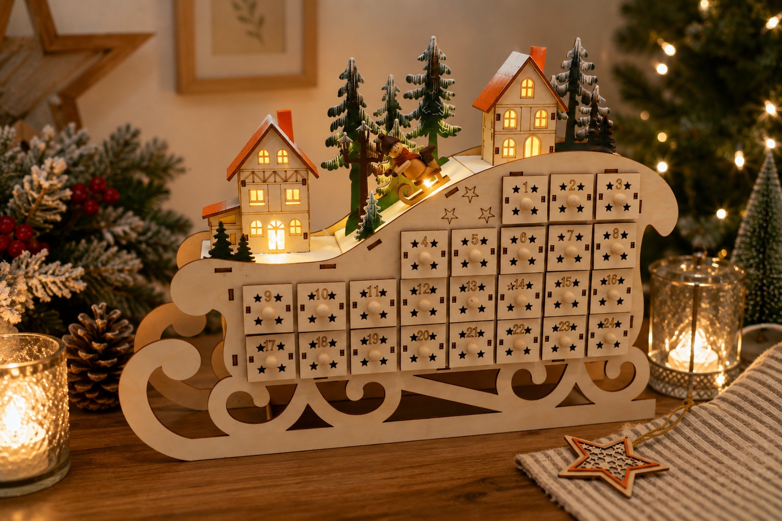 OTTO home befüllbarer Adventskalender »winterliches Schlittendesign« ab 2 Jahren Mit warmer Beleuchtung und 6h-Timer, gratis Anhänger, Höhe 32 cm