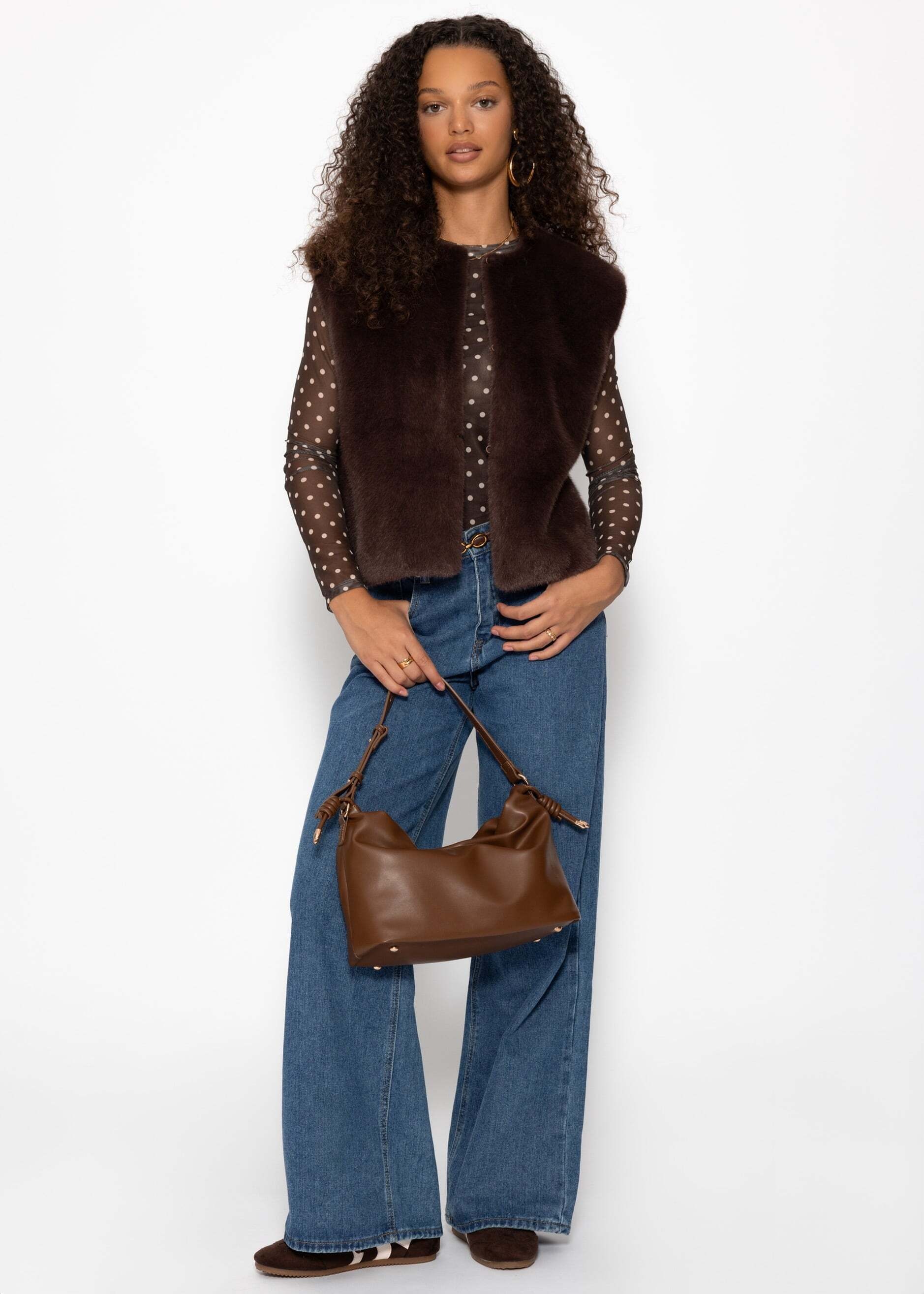 SASSYCLASSY Langarmshirt »Mesh Langarmshirt mit Punkten« Anliegendes Shirt aus Mesh mit gefütterter Vorderseite Beige Schwarz