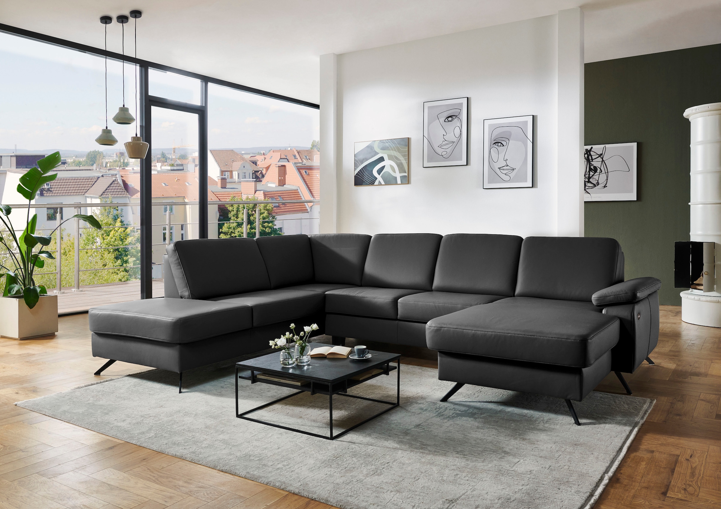 Die PlanBar Wohnlandschaft »PN-EM15047 U-Form, ohne Kopfstützen« Echtleder, wahlweise mit  Bettfunktion u. Stauraum