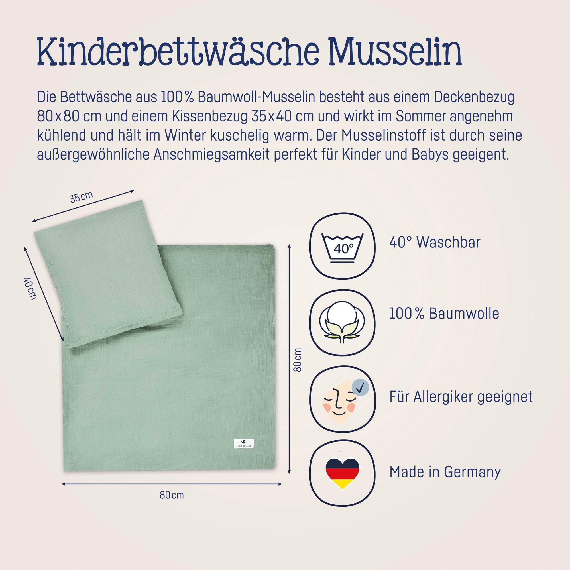 Julius Zöllner Kinderbettwäsche »Baby- und Kinderbettwäsche aus 100% Musselin« 2 Stk. erhältlich in den Größen 80x80+35x40cm und 100x135+40x60cm