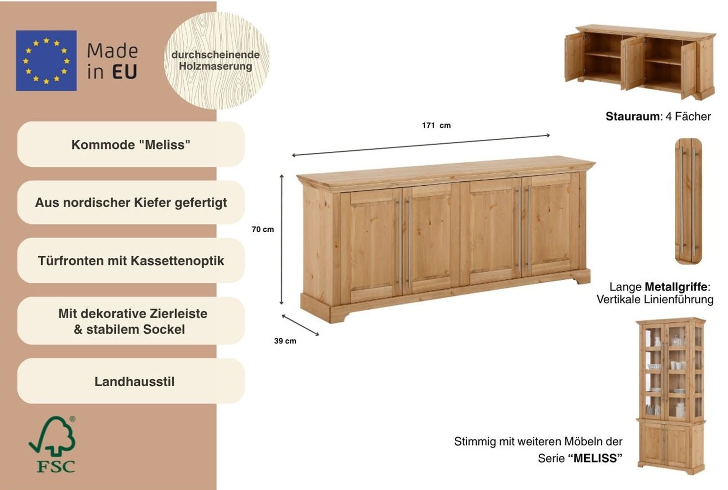 OTTO home Kommode »Meliss« aus massiver Kiefer, FSC® zertifiziert, 4-türig, Breite 171 cm