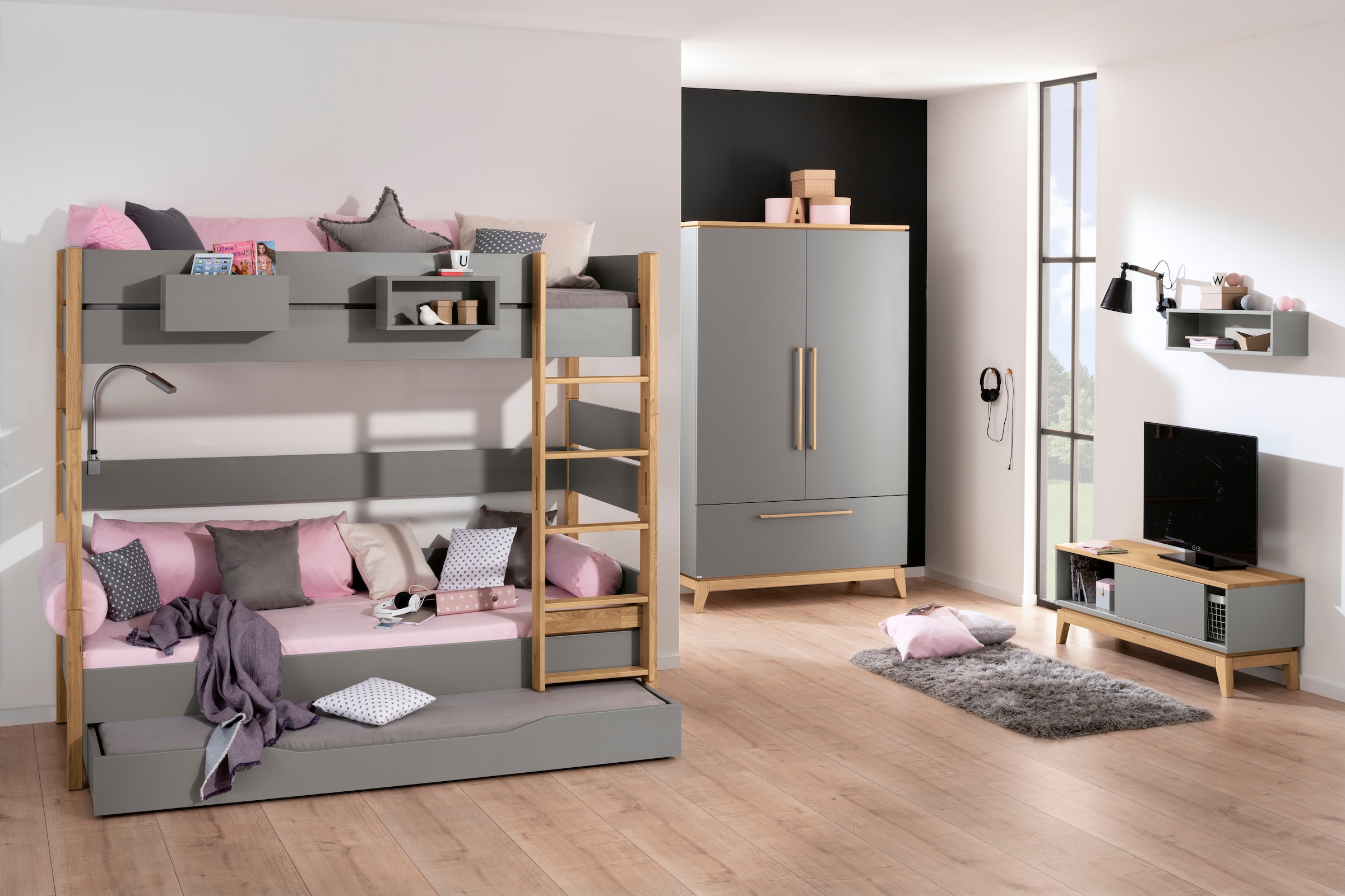 PAIDI Lowboard »STIENE in Beige oder Grau, 2 Fächer, Schiebetüre mit Soft-Close« B/H/T ca. 124/47/40cm,  stabiles Lowboard mit Massivholz, Sitzfunktion, TV-Board