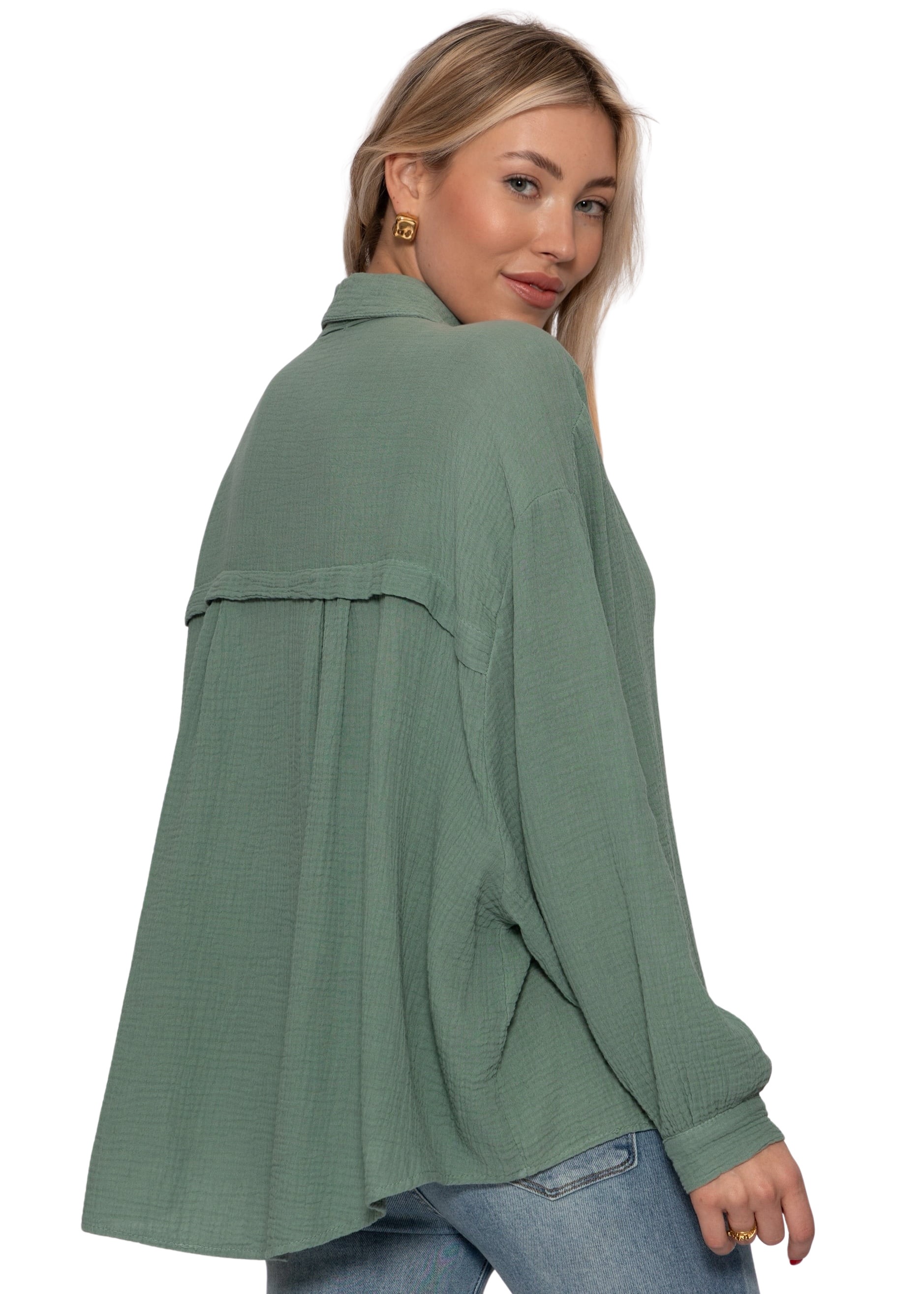 SASSYCLASSY Blusentop »Musselin Blusen Set« Gemütliche Baumwollblusen mit Perlmuttknöpfen Hellgrün-Hellbeige
