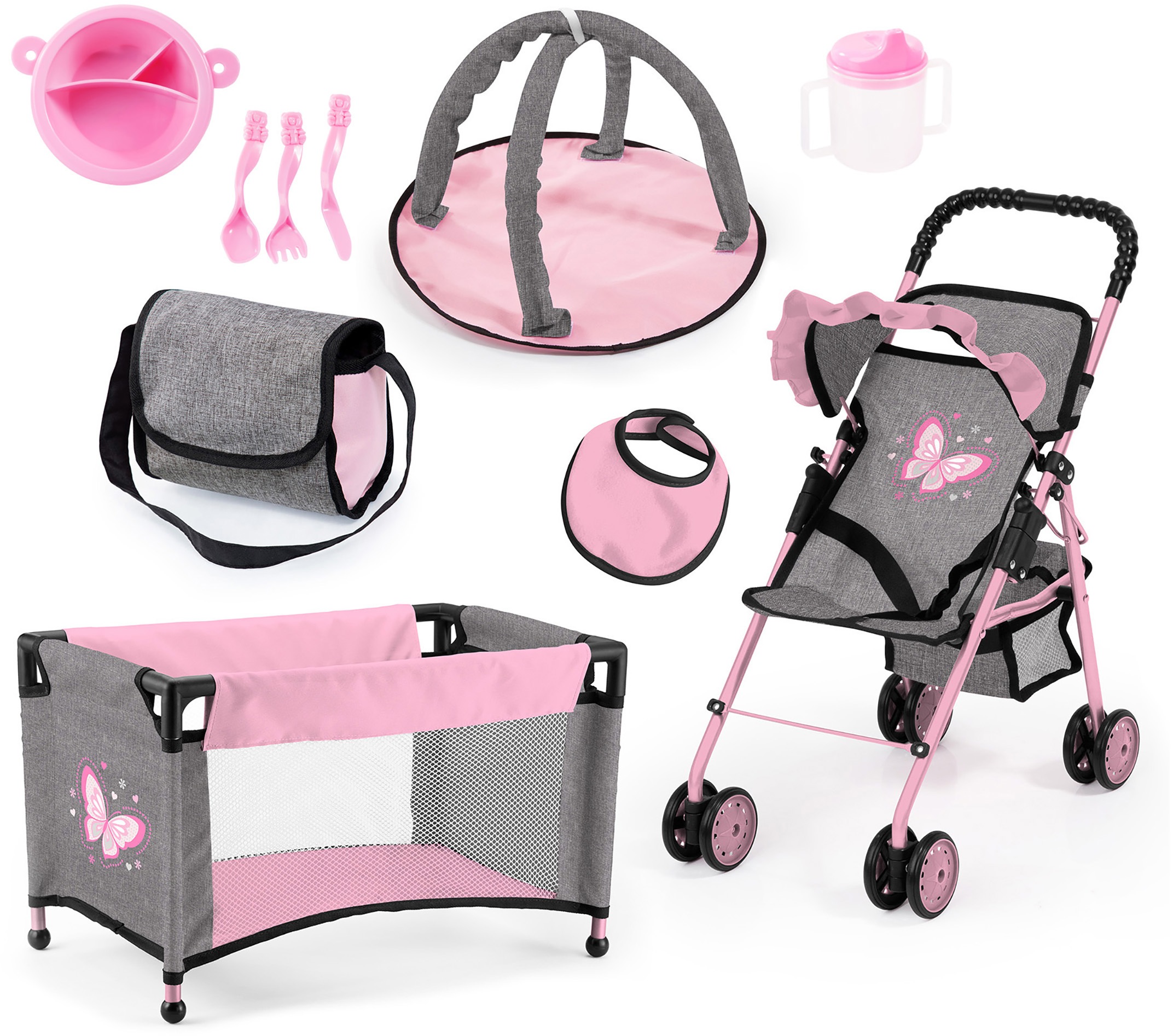 Bayer Puppenbuggy »grau/rosa«, (Set), mit Puppenbett, Wickeltasche, Geschirr, Flasche, Latz und Spielbogen