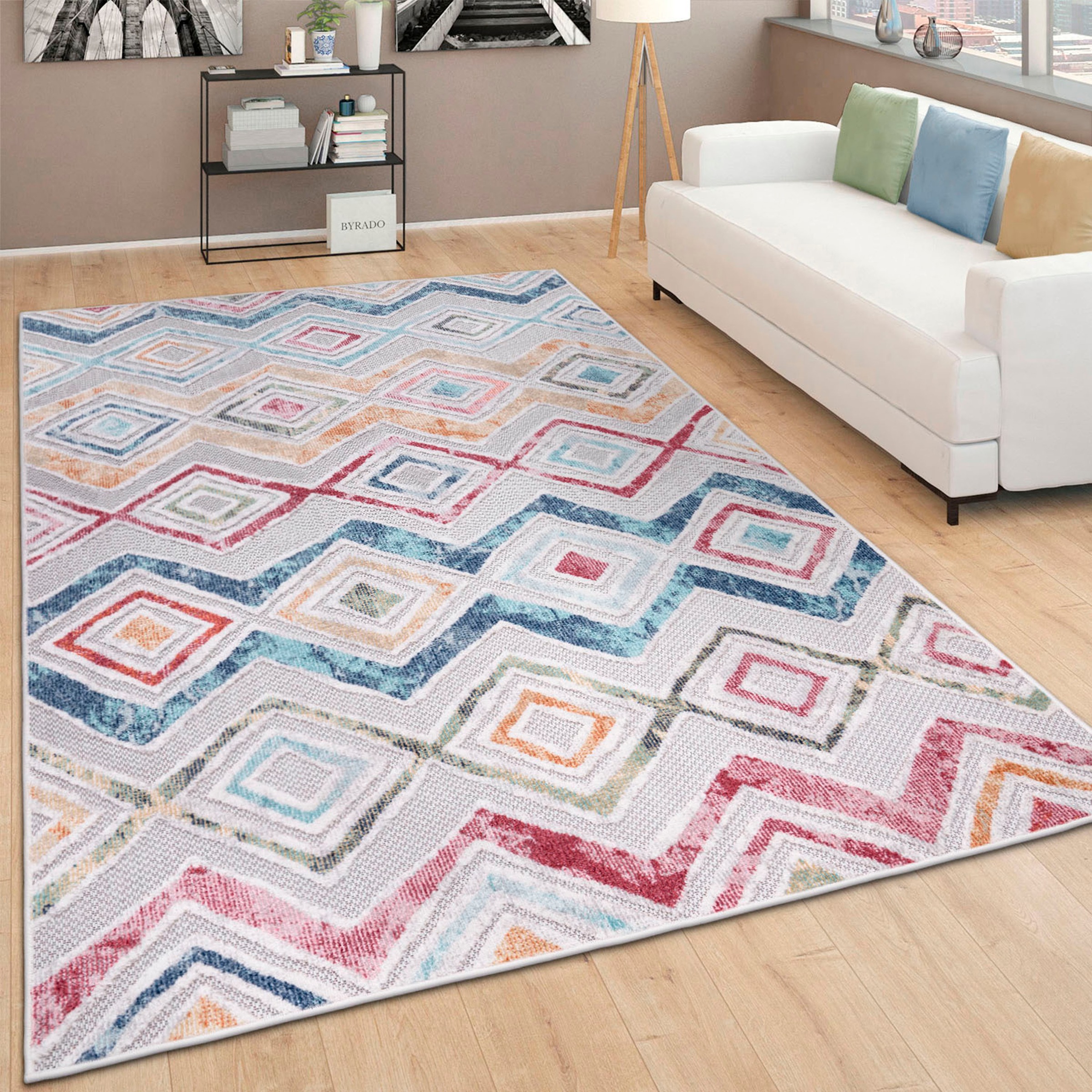 Paco Home Teppich »Fusion 761«, rechteckig, 10 mm Höhe, Kurzflor, Rauten Muster, Boho, In- und Outdoor geeignet, Wohnzimmer