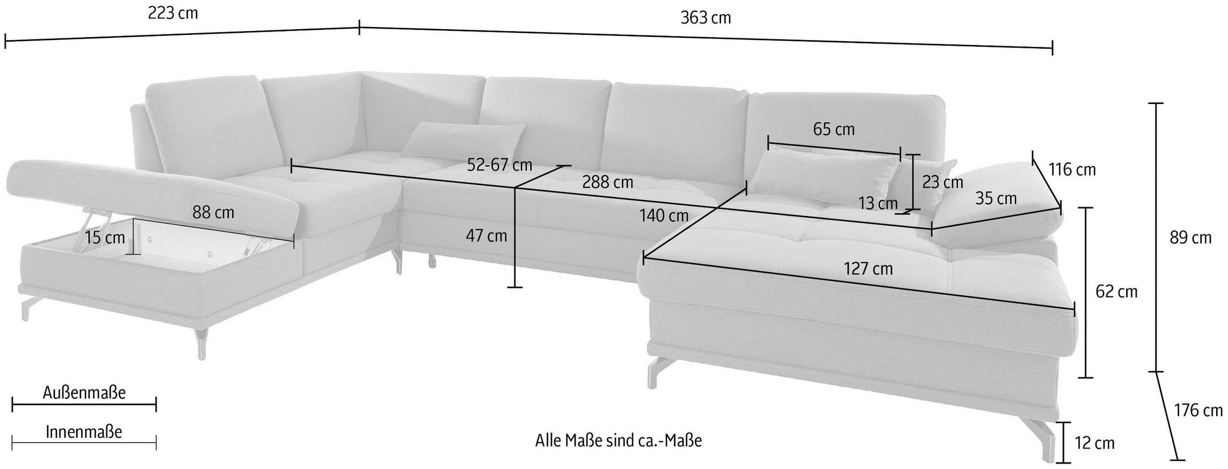 Places of Style Wohnlandschaft »Costello U-Form, B: 363 cm mit Sitztiefen-, Armteilverstellung &«, 3 Nierenkissen, optional Bettfunktion & Bettkasten