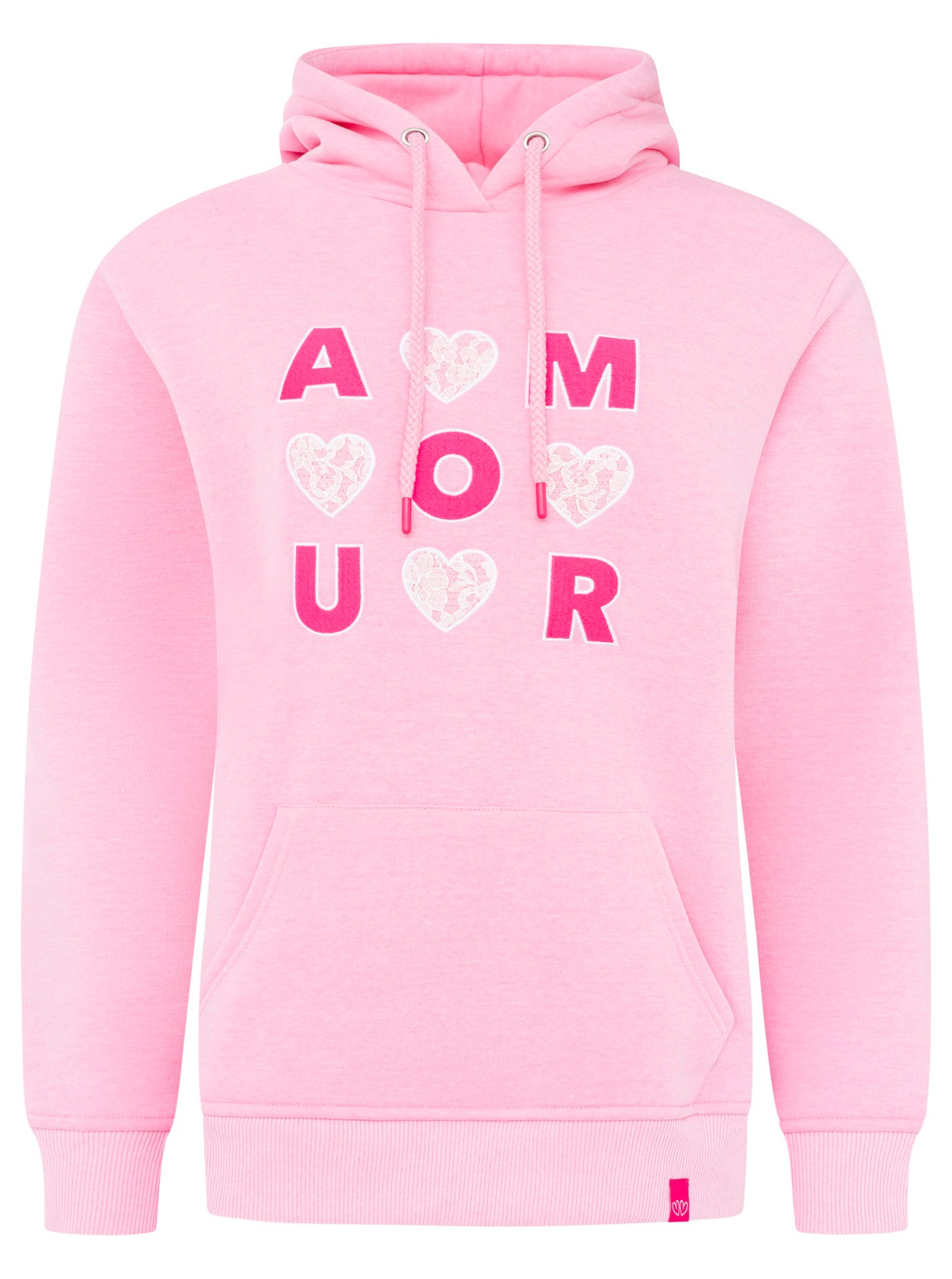 Zwillingsherz Hoodie »"AMOUR"«, gesticktes Motiv mit Herzen und Spitze, Kapuze, Kängurutasche
