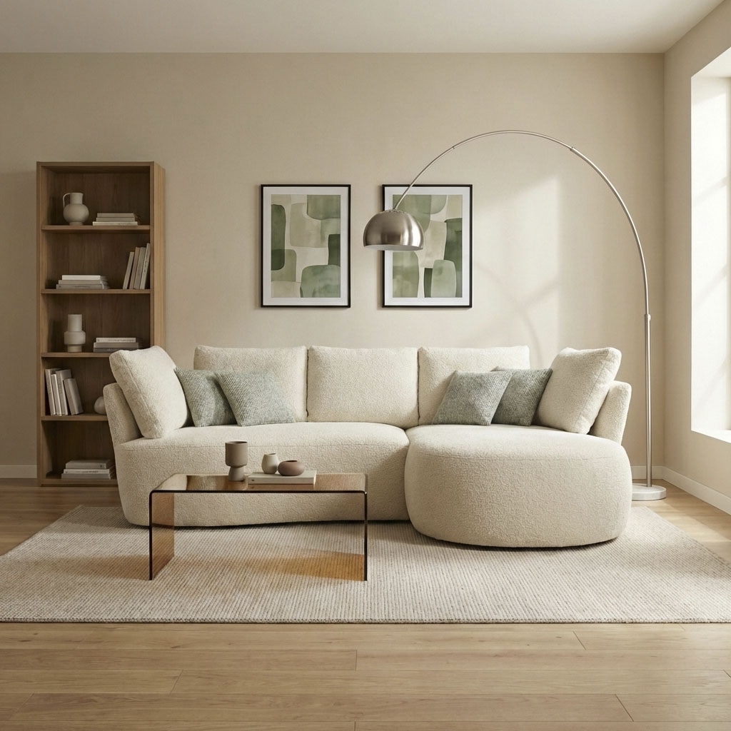 DOMO collection Ecksofa »Lumin, B/T: 267/170 cm, abgerunde Form, charmantes Design, cozy chic« Mit Federkern und 5 Rückenkissen ausgestattet