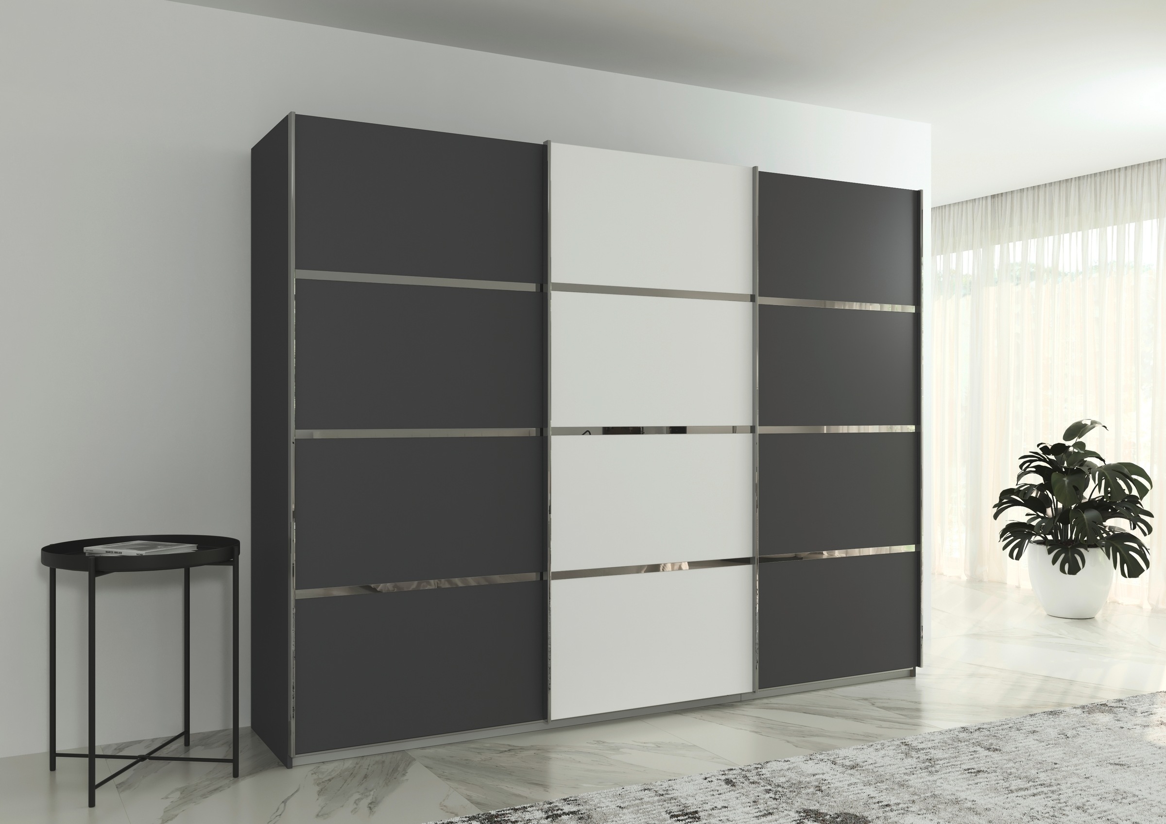 rauch Kleiderschrank »Schwebetürenschrank Garderobe Schrank TOP ANGEBOT Avola«, (in 3 verschiedenen Ausstattungen BASIC/CLASSIC/PREMIUM), mit eleganten Zierleisten in Chrom, Schwarz oder Weiß MADE IN GERMANY