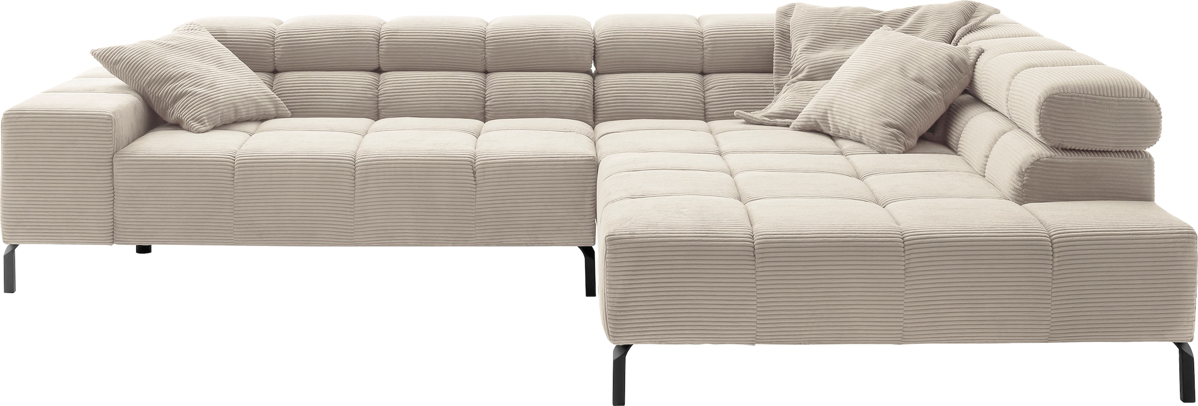 INOSIGN Ecksofa »Ancona New, wahlweise motorische Sitztiefenverstellung, auch in Cord«, feine Steppung, mit Kopfteilverstellung, 3 Zierkissen, L-Form
