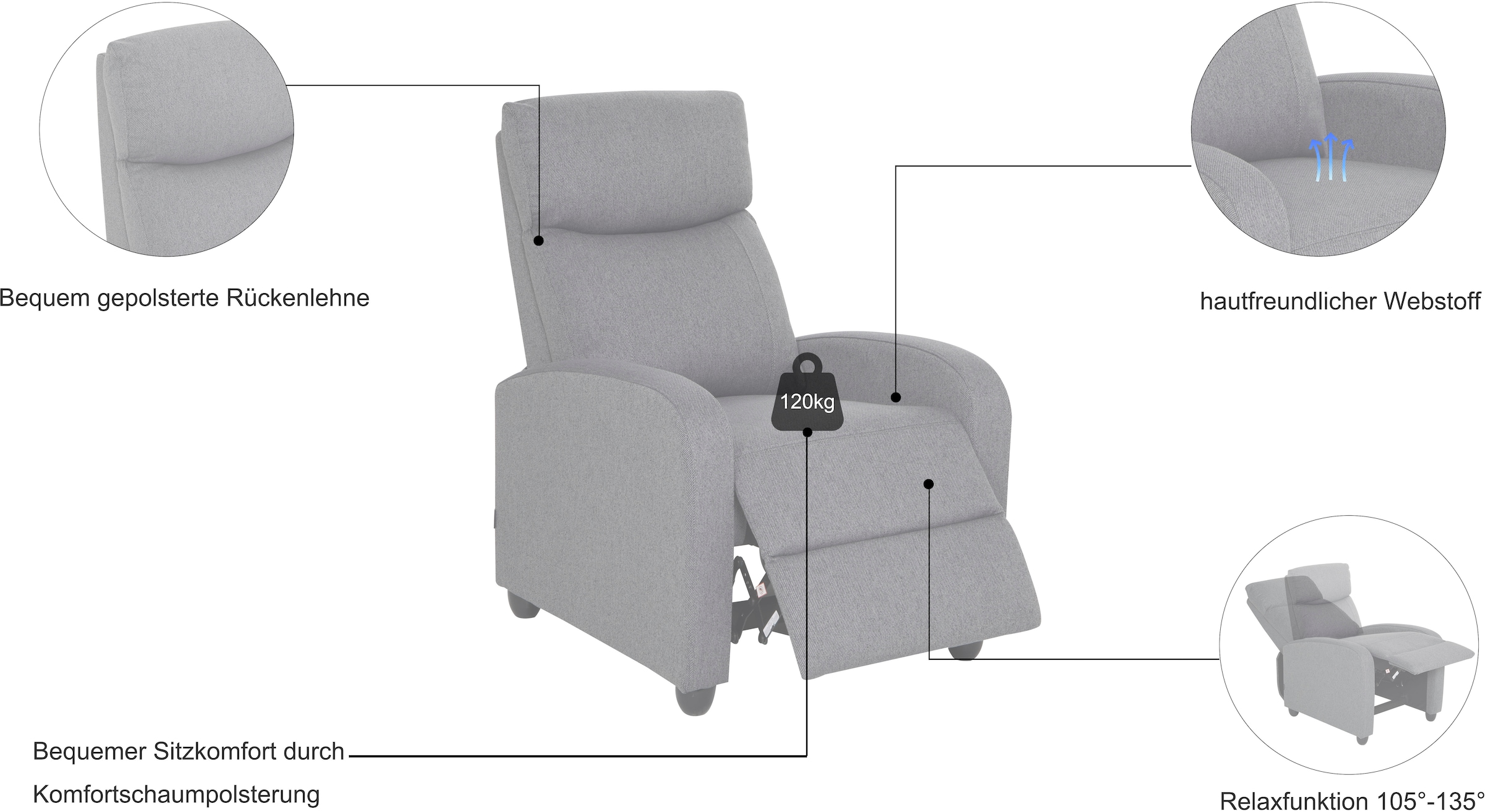 Home affaire Relaxsessel »JULINOR, TV-Sessel, Ruhesessel mit Schlaffunktion, Webstoff«