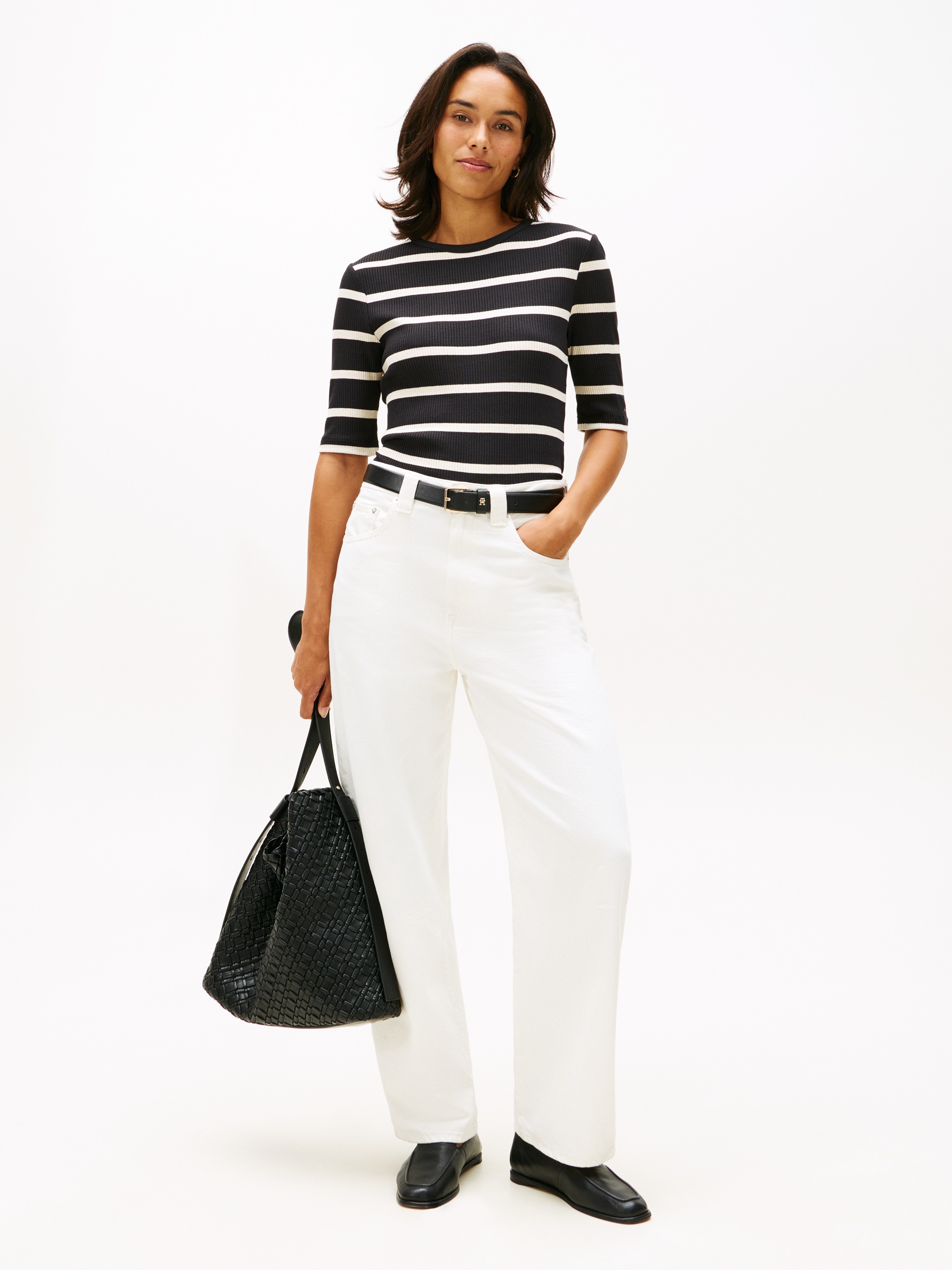 Tommy Hilfiger Kurzarmshirt »SLIM 5X2 RIB C-NK 1/2 SLV mit Rundhals und Rippstruktur« unifarben, casual, slim fit, Viskosemix, Rundhals