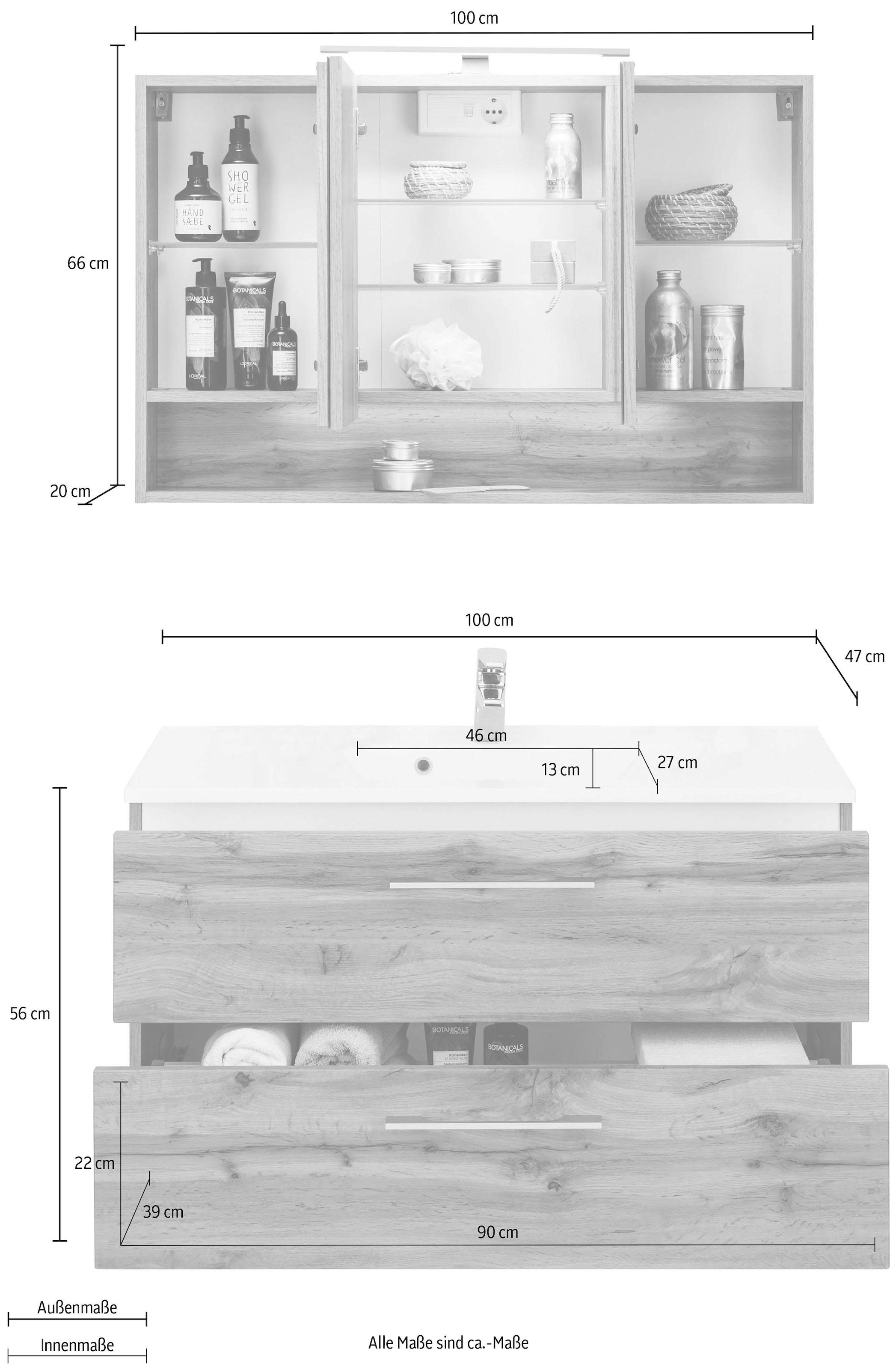 welltime Badmöbel-Set »Soria«, (2 St.), Waschplatz Breite 100 cm, Spiegelschrank