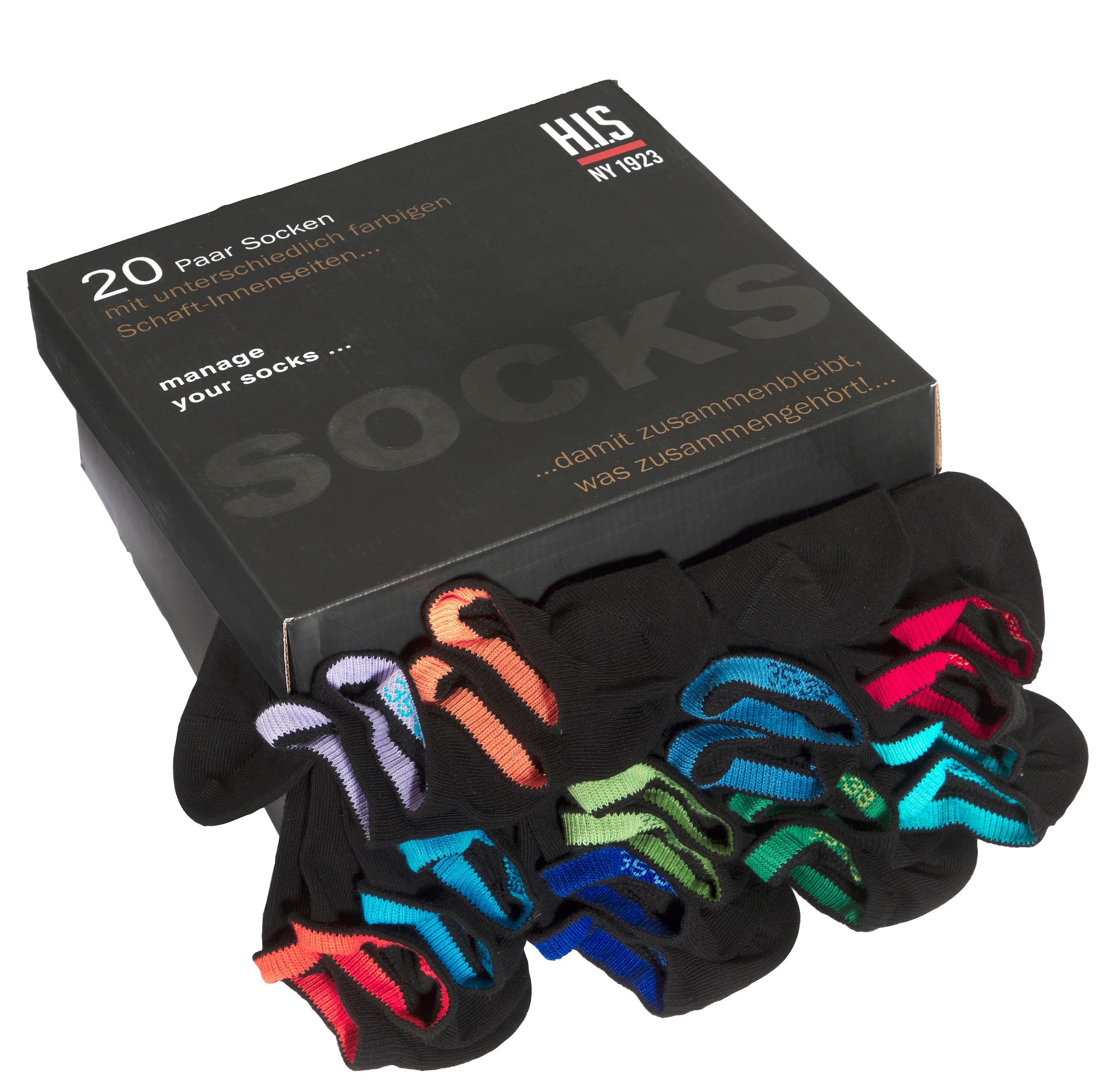 H.I.S Sneakersocken »für Damen und Herren, perfekt zu sortieren, mit farbigen Innenbündchen« Box, 20 Paar tlg. in praktischer Geschenkbox für Beruf und Freizeit