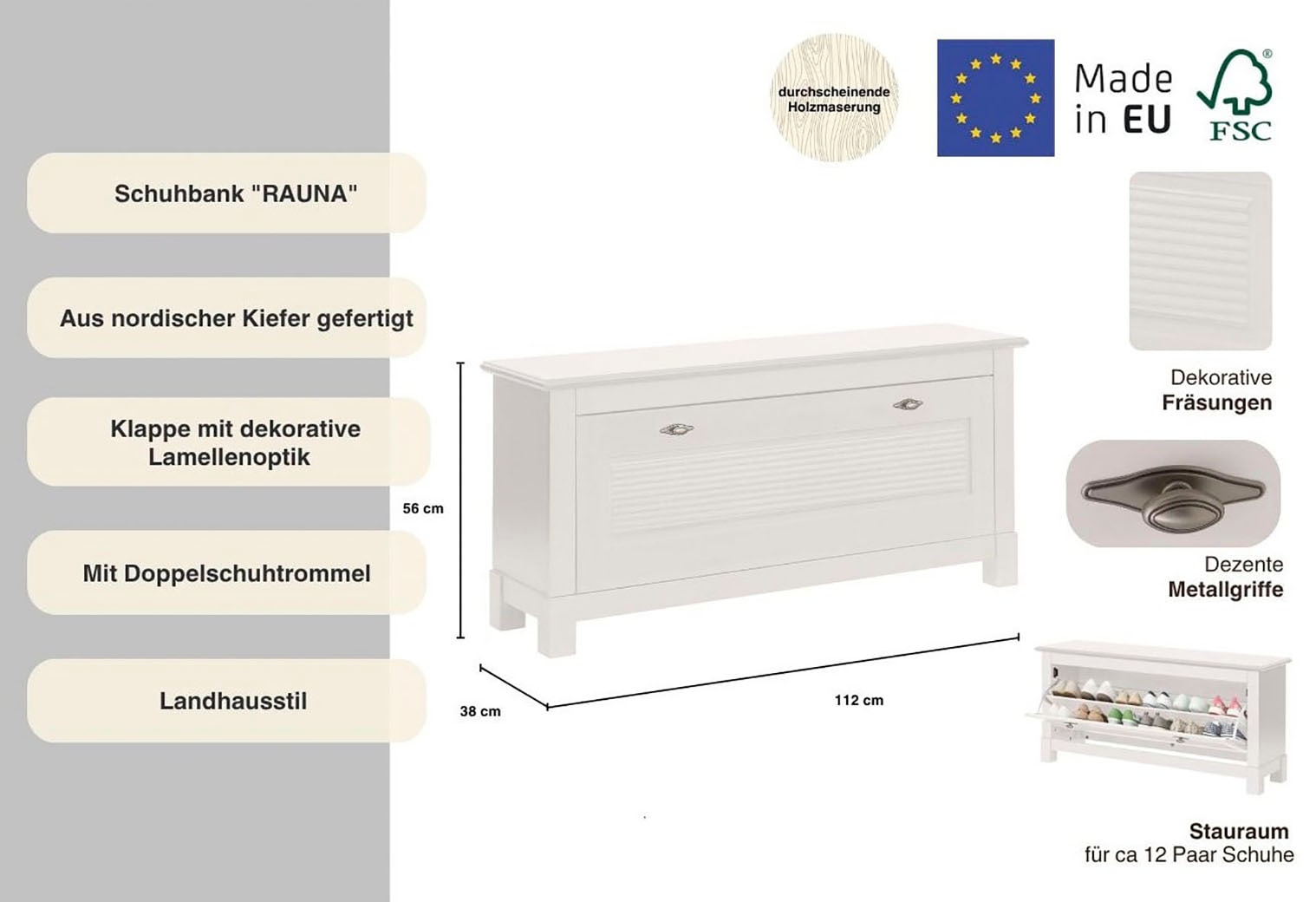 Home affaire Schuhbank »Rauna«, Aus massiver Kiefer, mit dekorativen Fräsungen