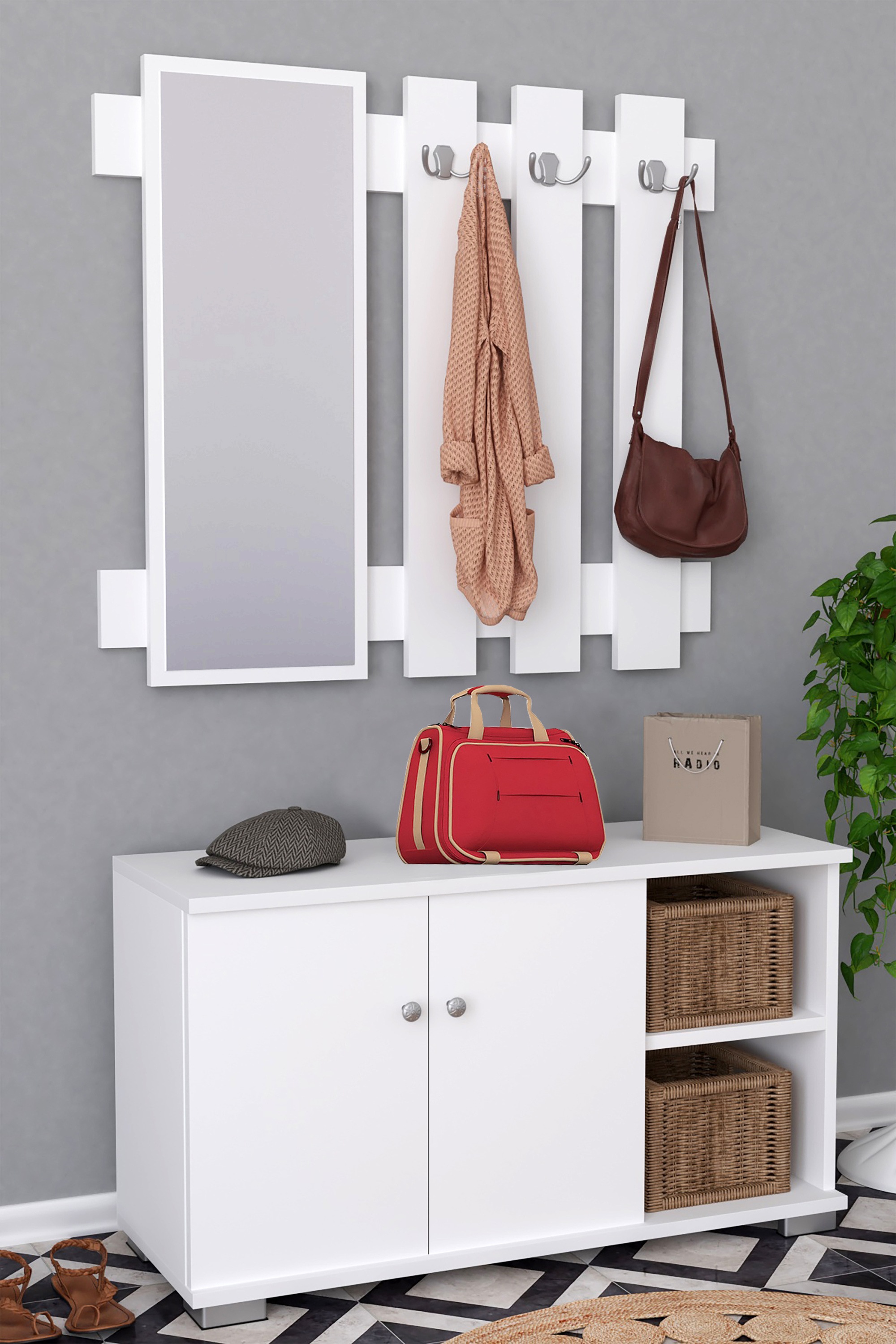 VCM Schuhschrank »VCM Holz Sitzbank | 2-tlg.-Set | Schuhschrank | Maße: H. 82 x B. 90 x T. 33 cm | Wandpaneel mit 3 Haken und einem Spiegel| 2 Drehtüren | 2 Fächer | 2 offene Fächer - Gados XL«, (1 St.)