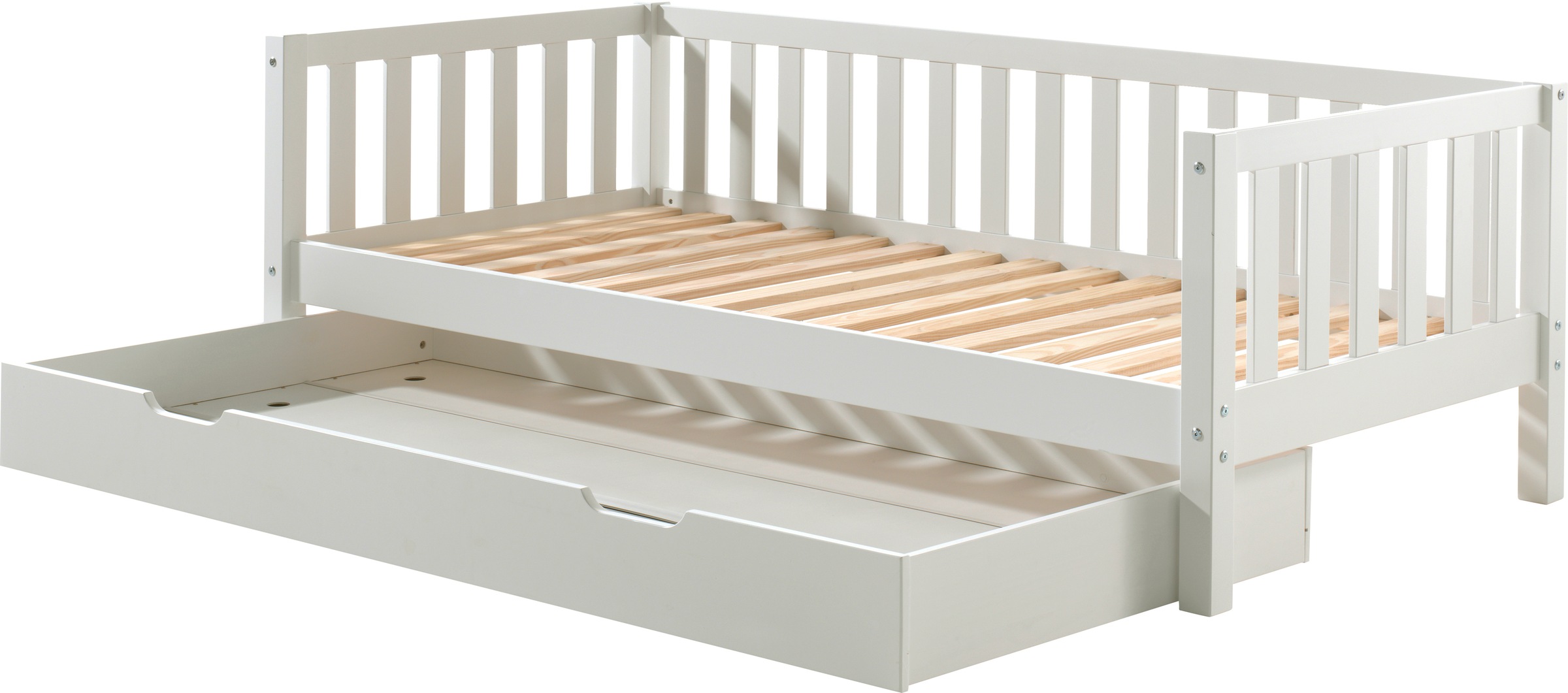 Vipack Einzelbett »Sprossenumrandung, Kiefer massiv, stabil gebaut und zeitloses Design«, (B/H/T ca. 211,2x68x97,8cm, Ausf. Milky Pine oder Weiß), inkl. Rolllattenrost, mit oder ohne Bettschublade