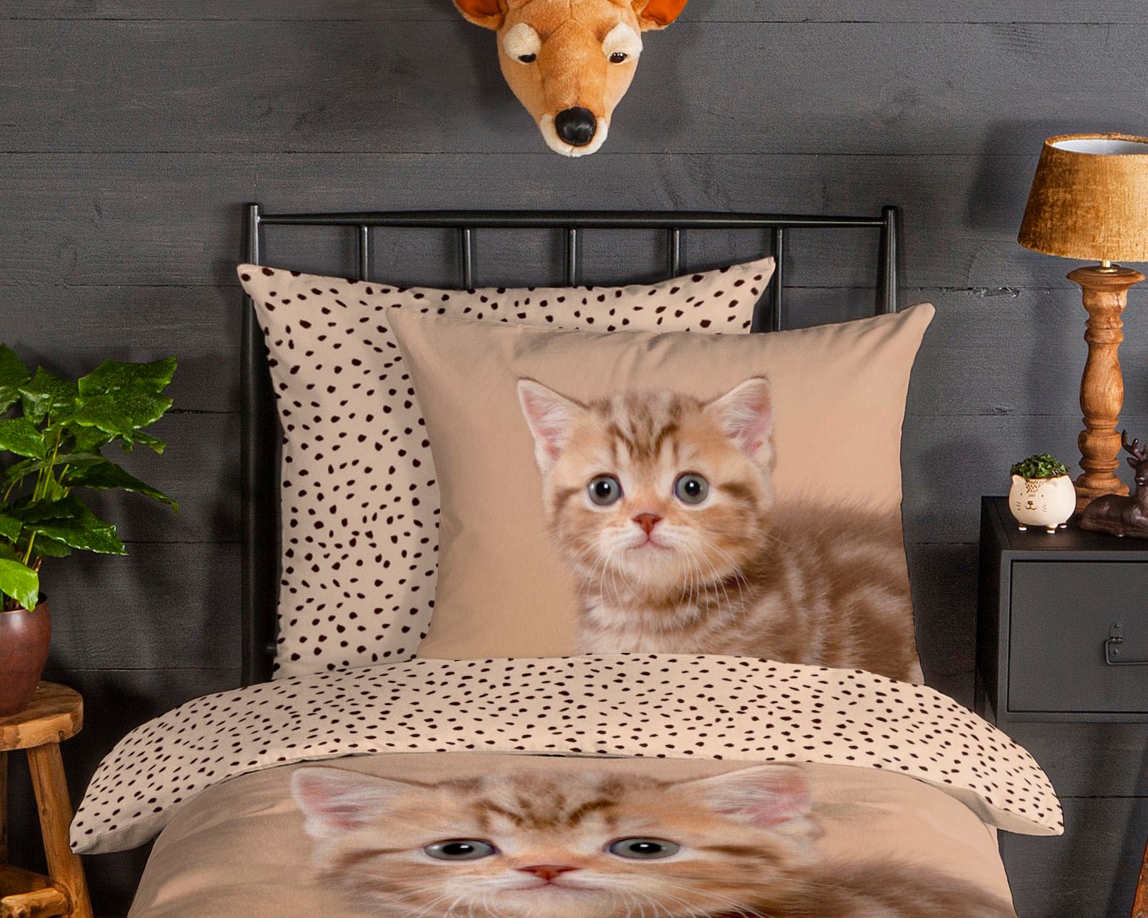 good morning Kinderbettwäsche »Stripe kitty«, Biber, 135x200, Warm, Weich, Wendeoptik, Reißverschluss, Kind, Katze