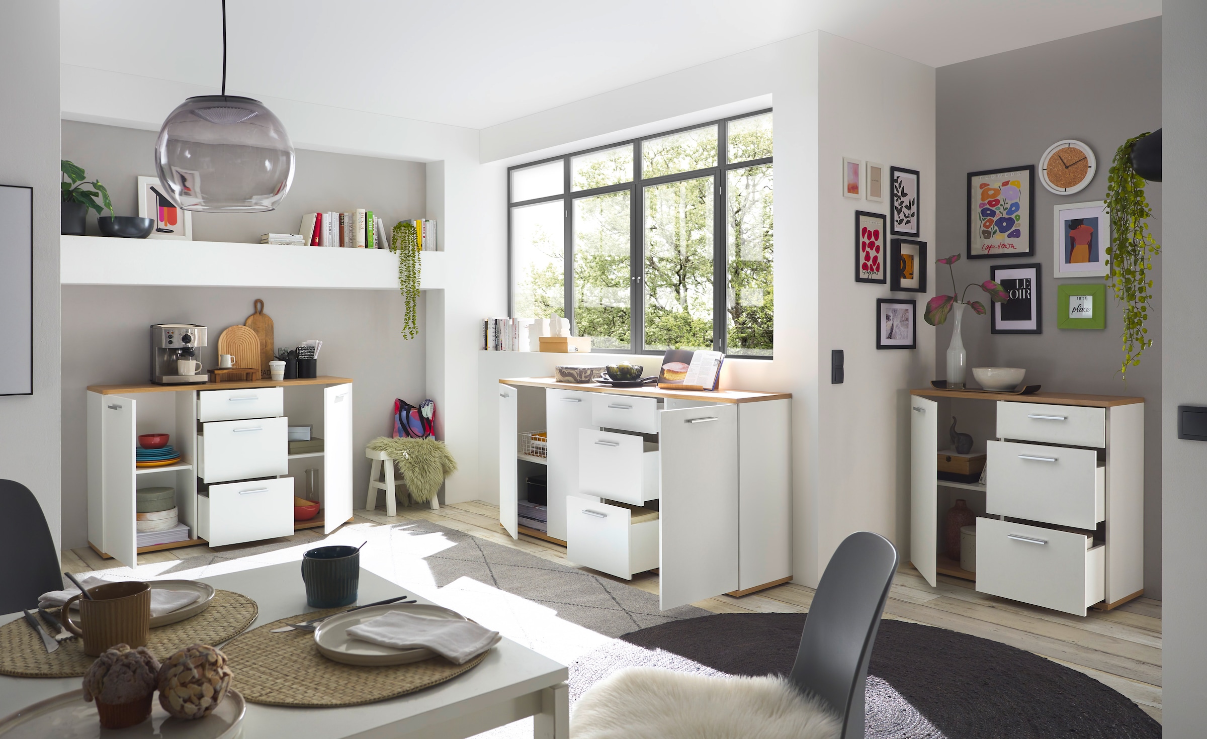 HBZ Kommode »BC1035 weiß matt, BxHxT 135x86x38 cm«, Kommode mit 2 Türen, 3 Schubkästen, 2 Einlegeböden