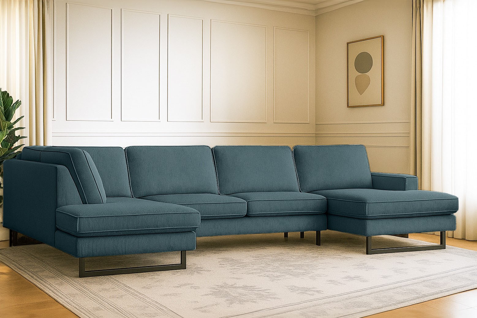 Home affaire Wohnlandschaft »Pinto, 350 cm, U-Form, XXL, mit Ottomanen« Cord, Chenille, Lederoptik, mit Keder, Metallfüße, Wellenunterfederung