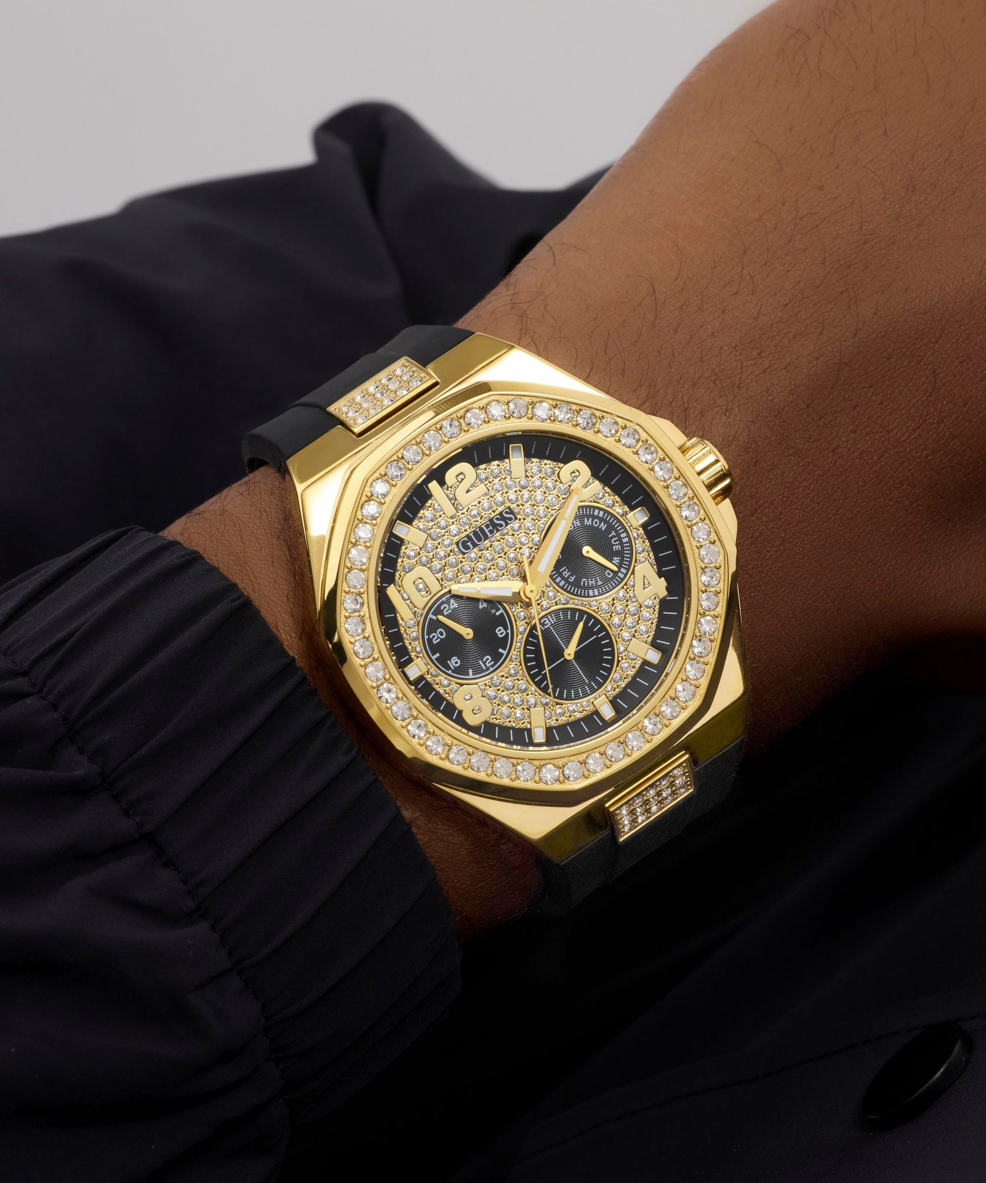 Guess Quarzuhr »EMPIRE« Armbanduhr, Herrenuhr, Silikonarmband, analog, Wochentag, Tag
