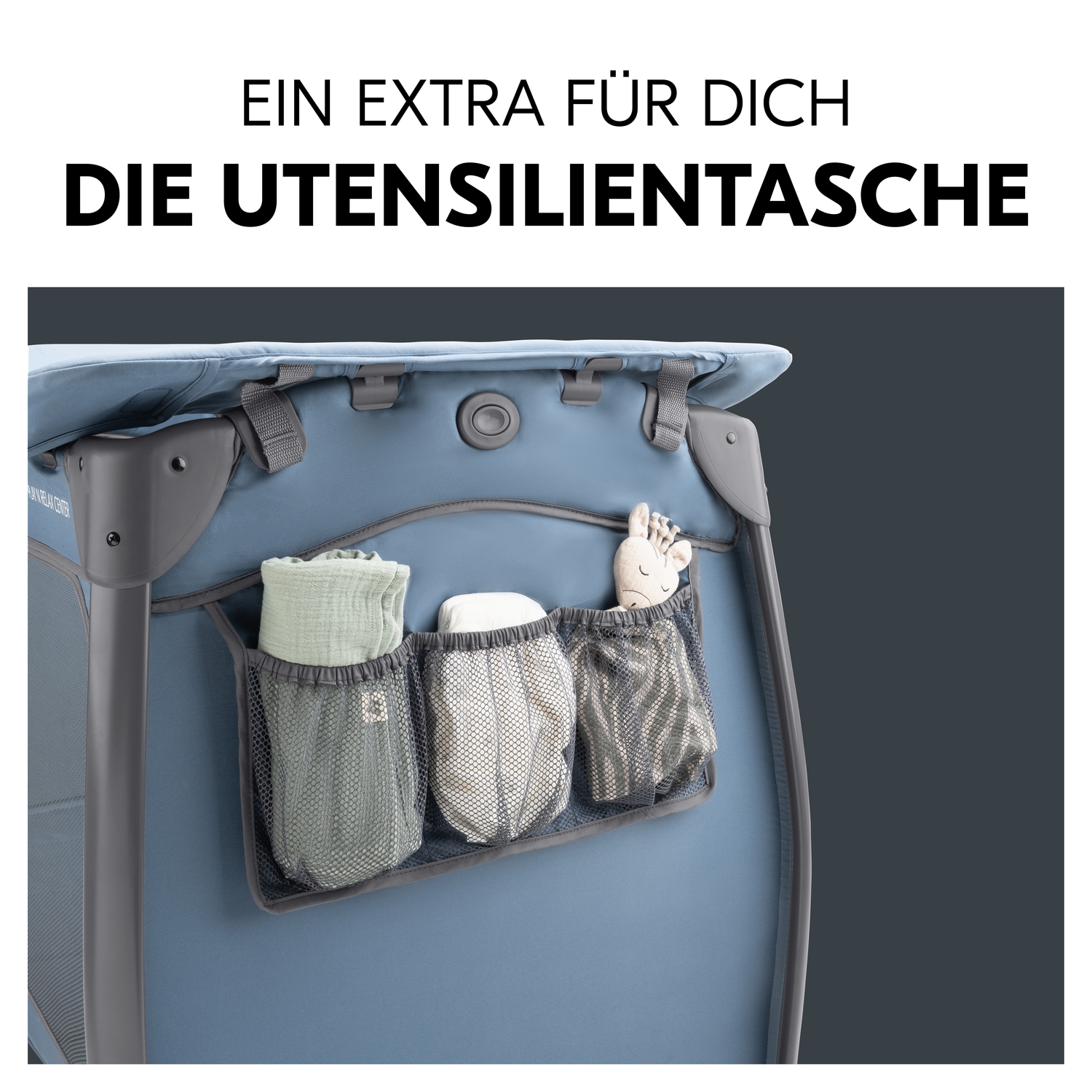 Hauck Baby-Reisebett »Play N Relax Center, dark blue«, inkl. Neugeboreneneinhang, Wickelmulde, Ausstieg, Räder