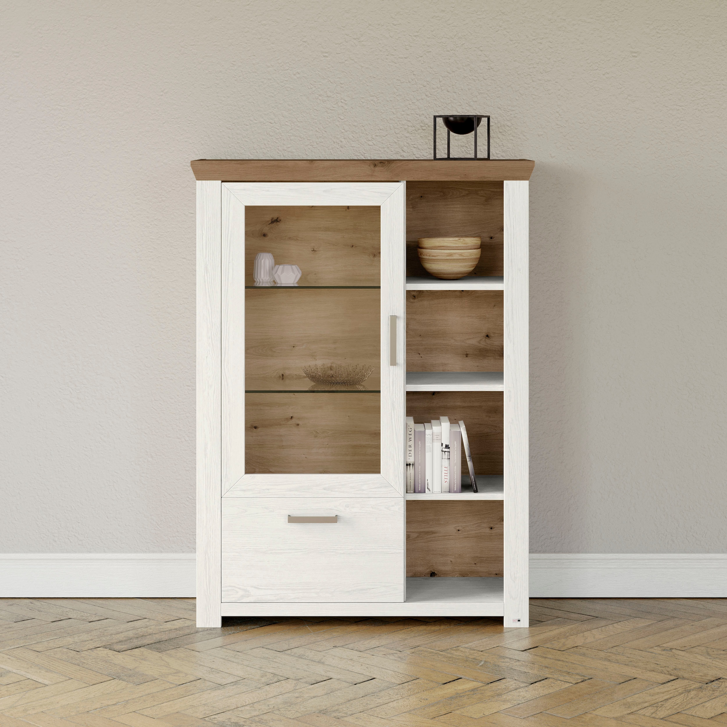 set one by Musterring Highboard »York«, Typ 13 und 14, mit Glastür und Schubkasten, 3 Farbvarianten, B 105 cm