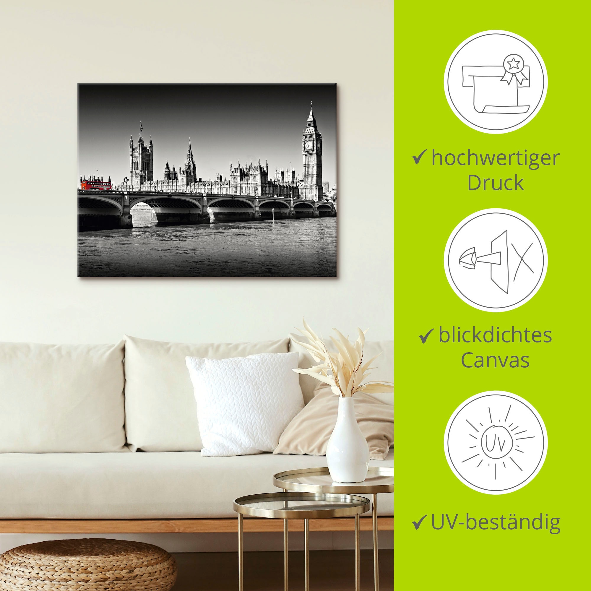 Artland Leinwandbild »Houses of Parliament & Themse«, Großbritannien, (1 St.), auf Keilrahmen gespannt
