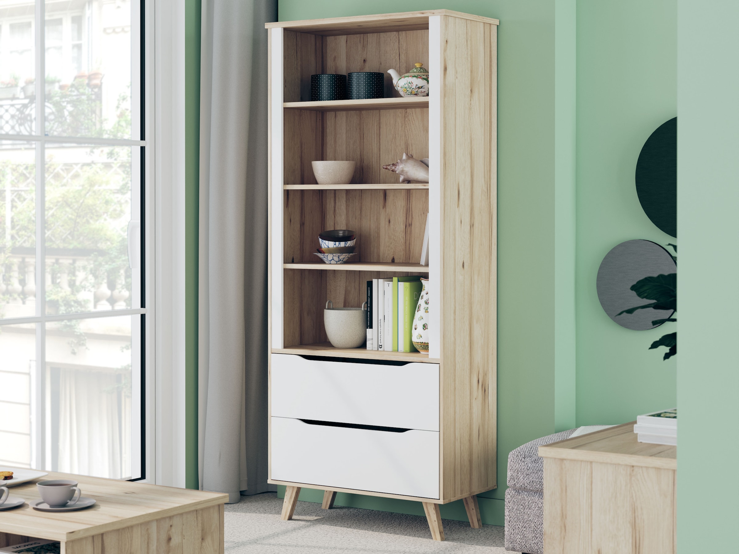 FORTE Wandregal »Vankka Regal 2 Schubkästen«, (B/H/T 84,7/201,5/41,7 cm), Regal, Holzfüße, Einlegeböden variabel, 2 Schubkästen