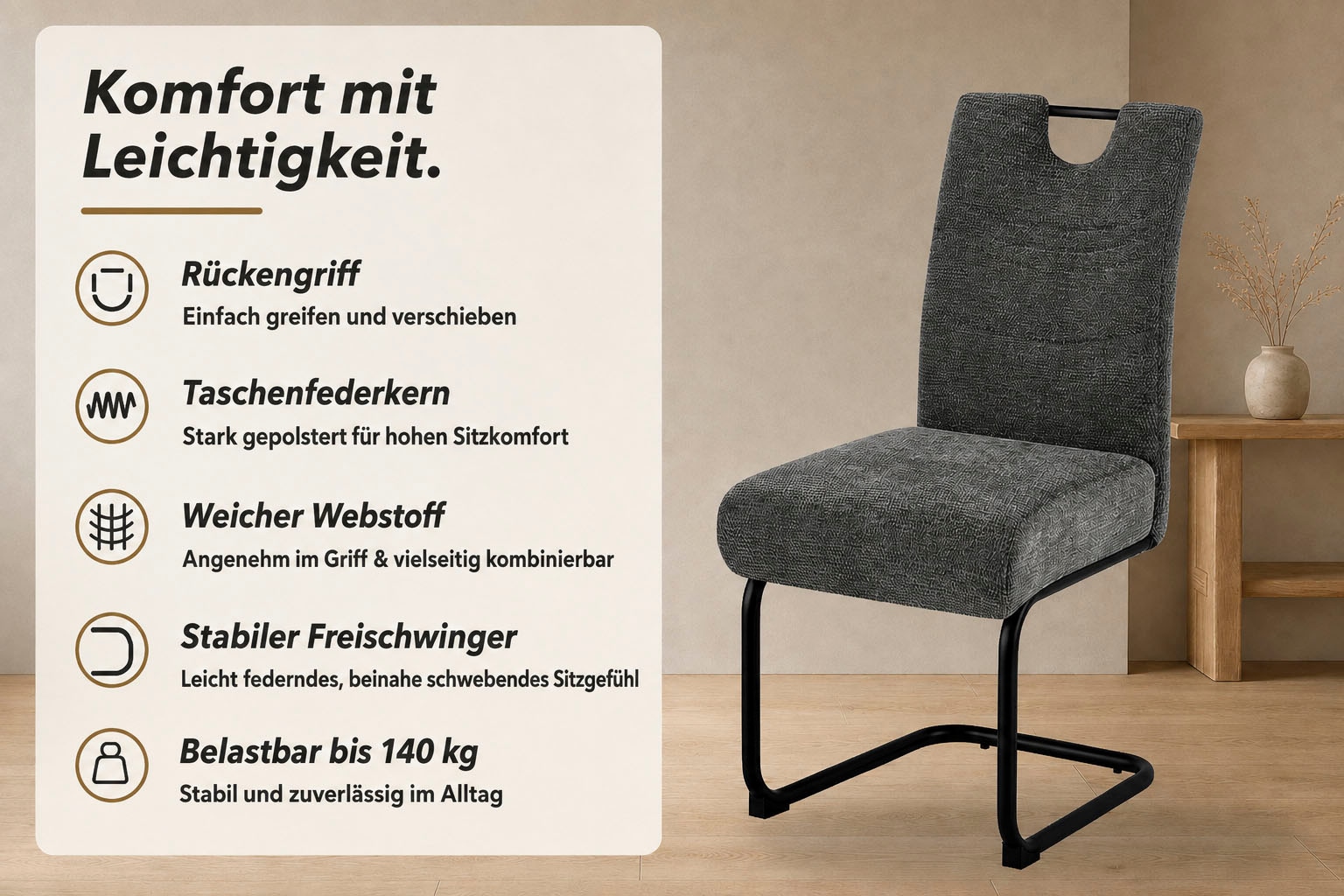 OTTO home Freischwinger »Echo, 2er-Set« (Set) 2 Stk.komfortabler Freischwinger mit Federkern und Griff, 140kg belastbar