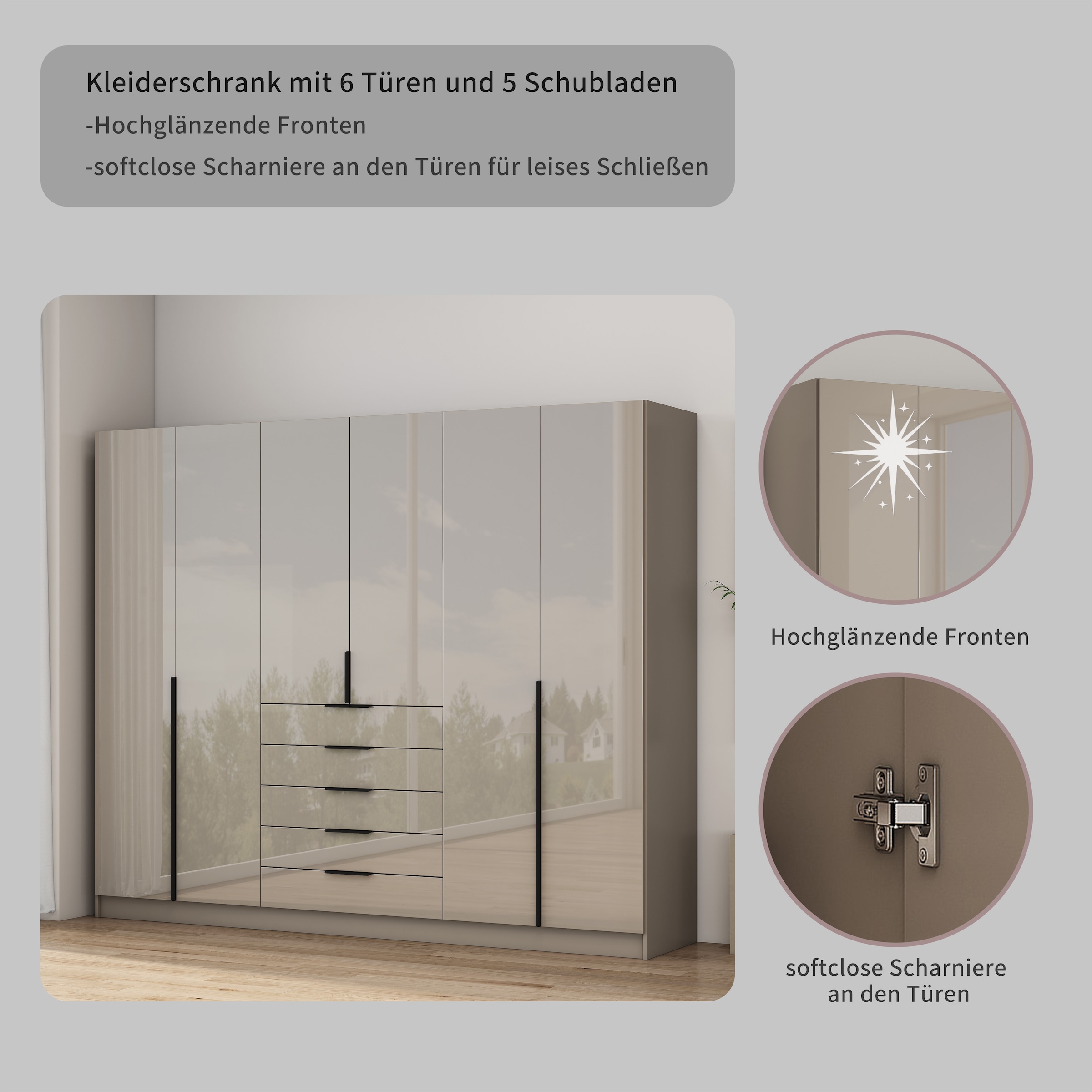 OTTO home Kleiderschrank »Annor Schlafzimmerschrank Breite 242cm hochglanz Schrank Garderobe« Drehtürenschrank mit perfekter Innenausstattung - elegante Türgriffe