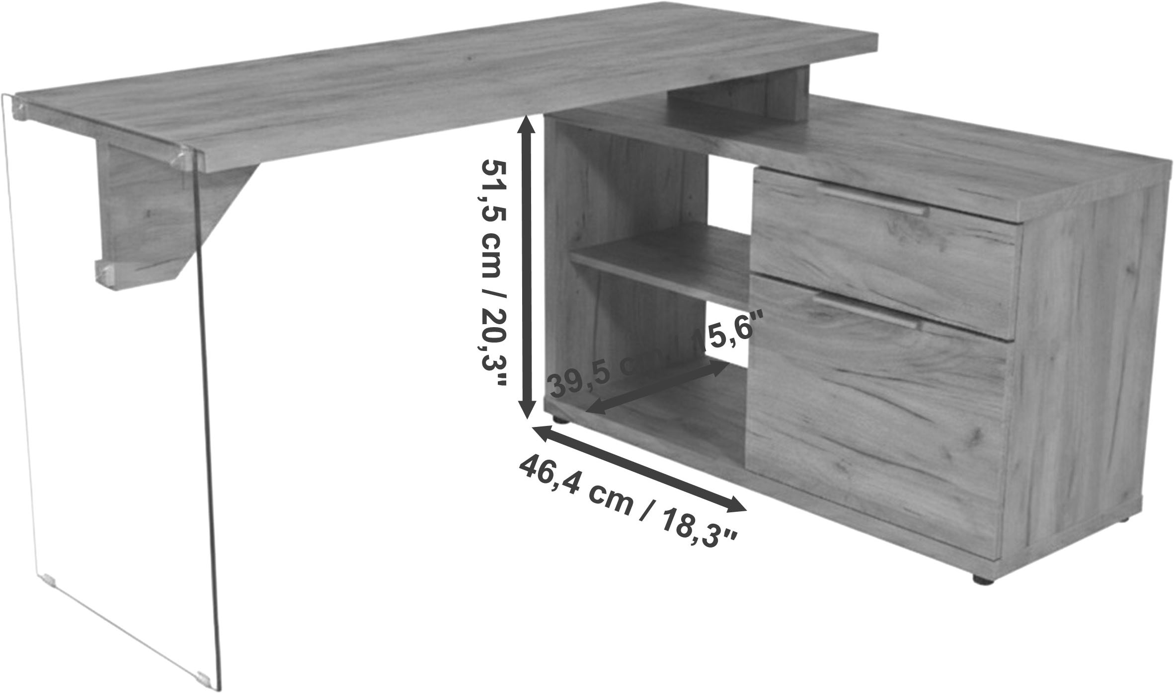 Jahnke Eckschreibtisch »LUX C 135 E« Eckschreibtisch,wechselseitig montierbar,Glas,1 Schublade & 2 Fächer